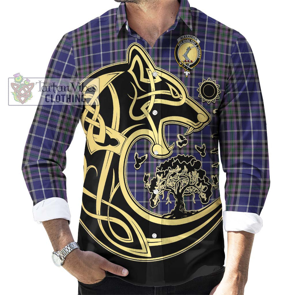 Alexander of Menstry Tartan Long Sleeve Button Shirt with Family Crest Celtic Wolf Style - Tartan Vibes Clothing