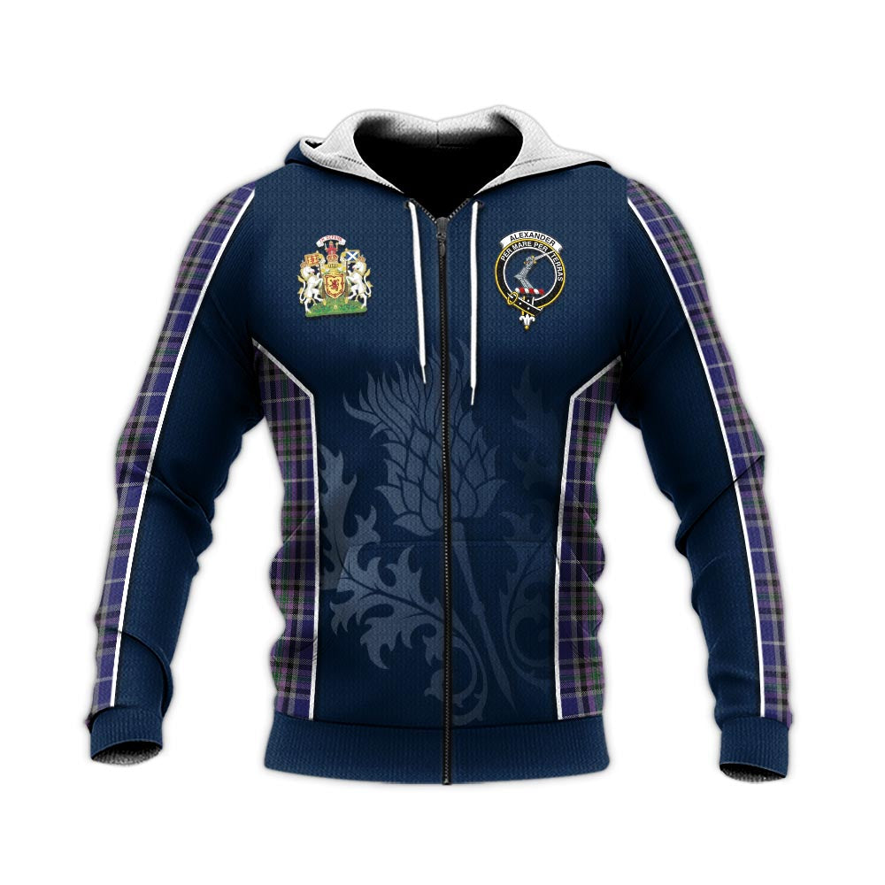 Tartan Vibes Clothing Alexander of Menstry Tartan Knitted Hoodie with Family Crest and Scottish Thistle Vibes Sport Style