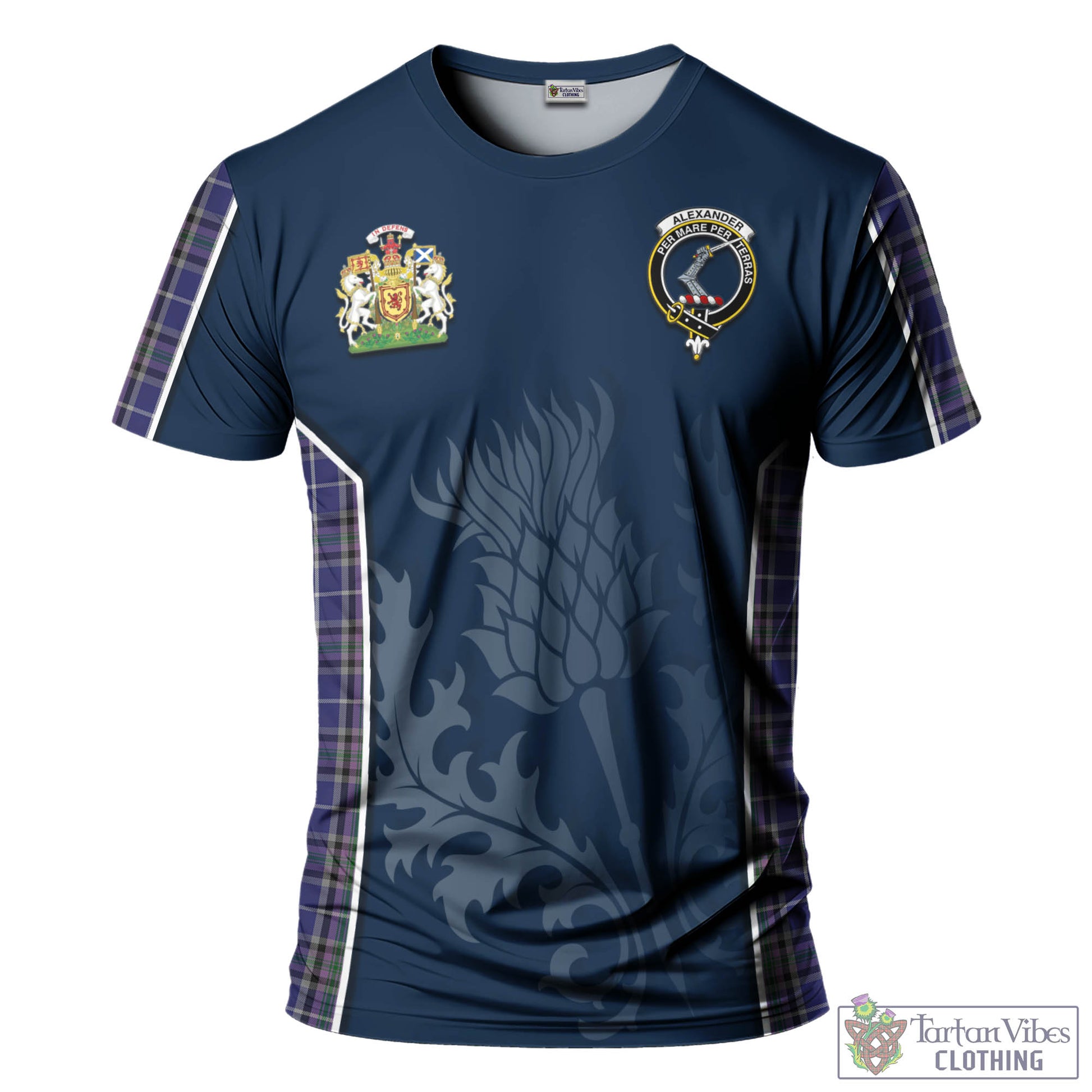 Tartan Vibes Clothing Alexander of Menstry Tartan T-Shirt with Family Crest and Scottish Thistle Vibes Sport Style