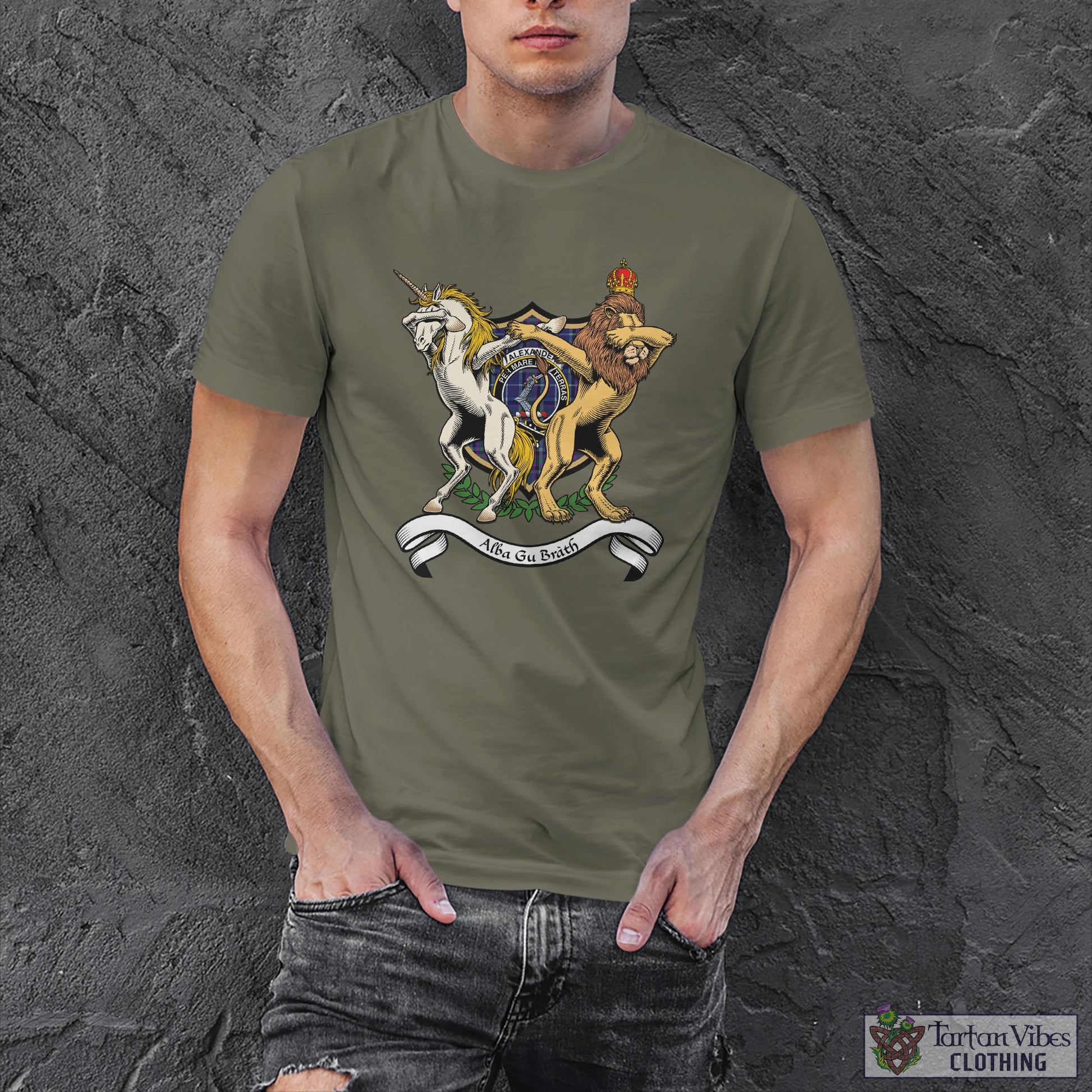 Tartan Vibes Clothing Alexander of Menstry Family Crest Cotton Men's T-Shirt with Scotland Royal Coat Of Arm Funny Style