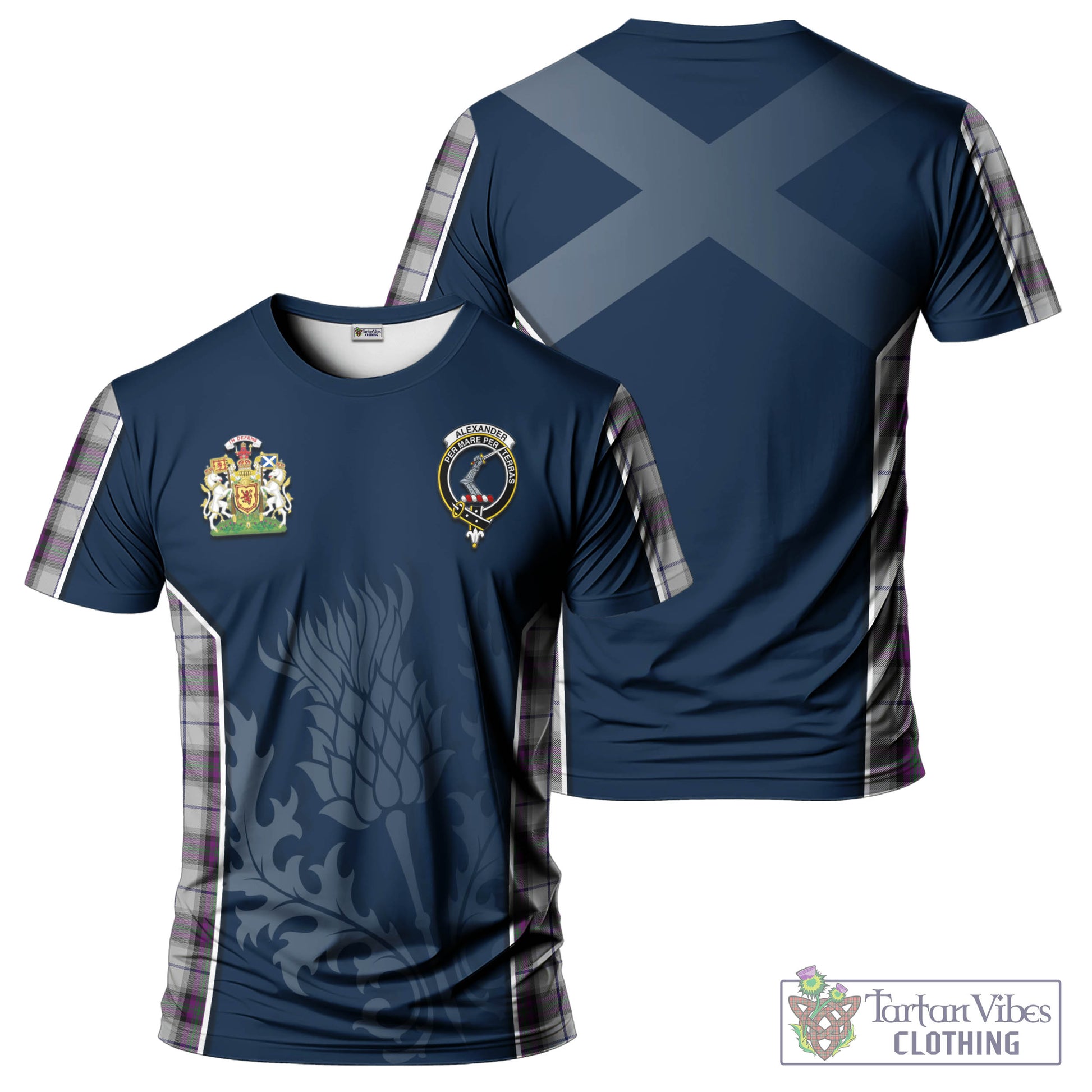 Tartan Vibes Clothing Alexander of Menstry Dress Tartan T-Shirt with Family Crest and Scottish Thistle Vibes Sport Style