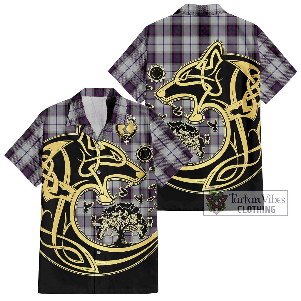 Tartan Vibes Clothing Alexander of Menstry Dress Tartan Short Sleeve Button Shirt with Family Crest Celtic Wolf Style