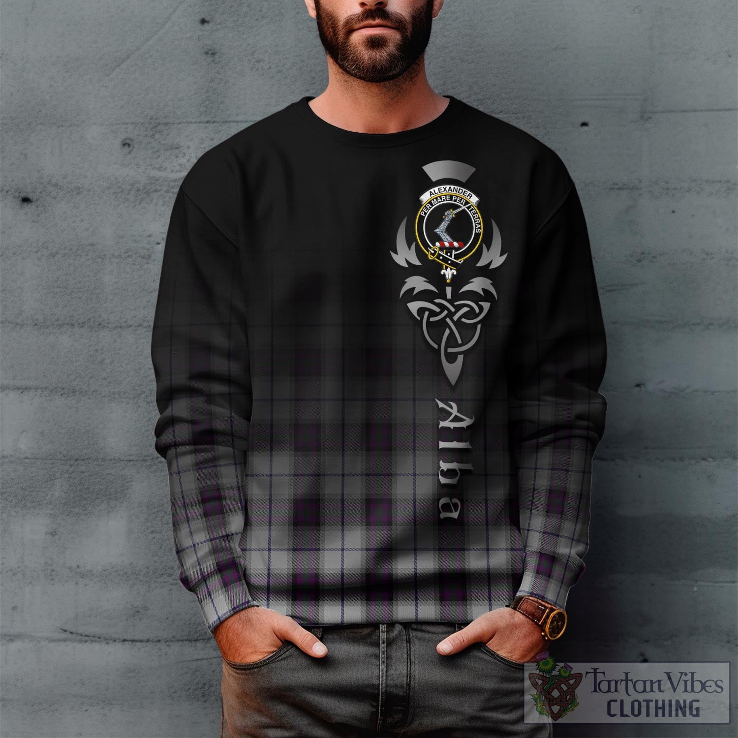 Tartan Vibes Clothing Alexander of Menstry Dress Tartan Sweatshirt Featuring Alba Gu Brath Family Crest Celtic Inspired