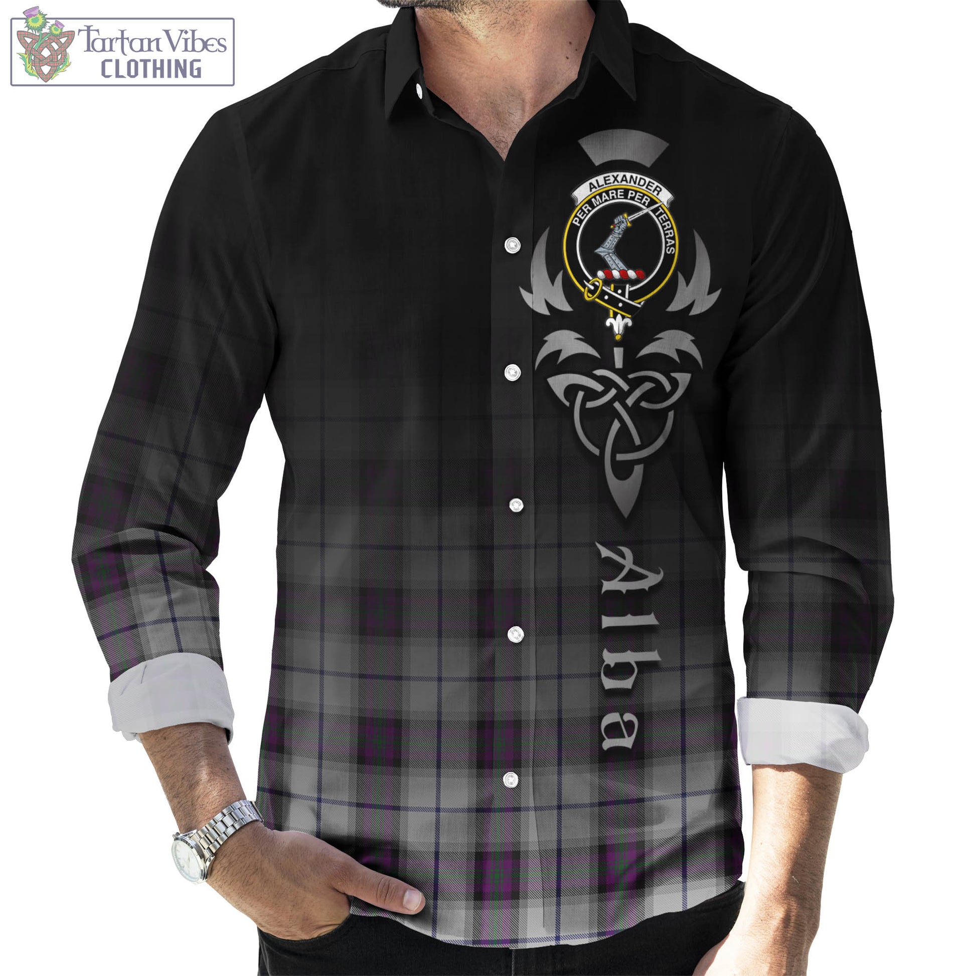 Tartan Vibes Clothing Alexander of Menstry Dress Tartan Long Sleeve Button Up Featuring Alba Gu Brath Family Crest Celtic Inspired