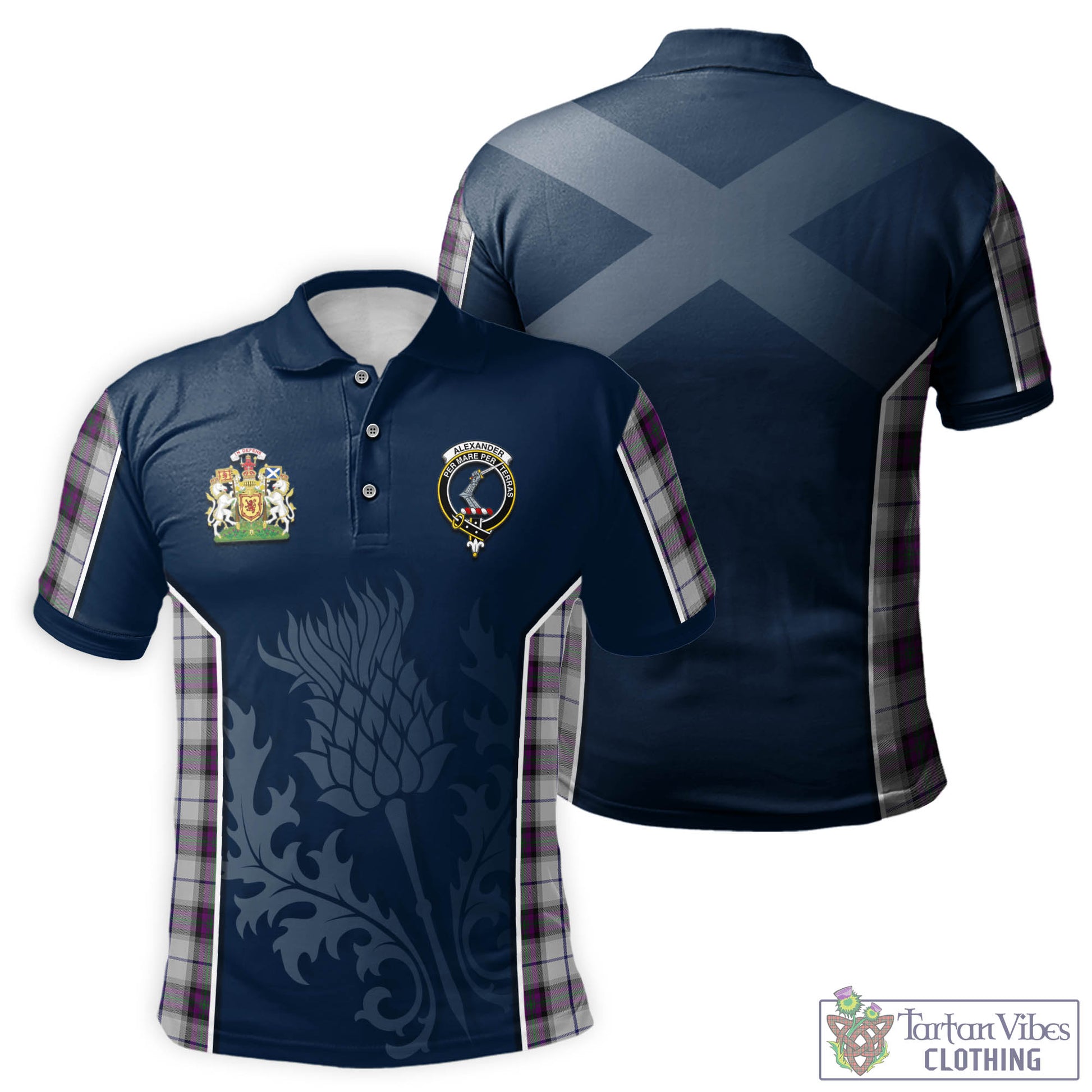 Tartan Vibes Clothing Alexander of Menstry Dress Tartan Men's Polo Shirt with Family Crest and Scottish Thistle Vibes Sport Style