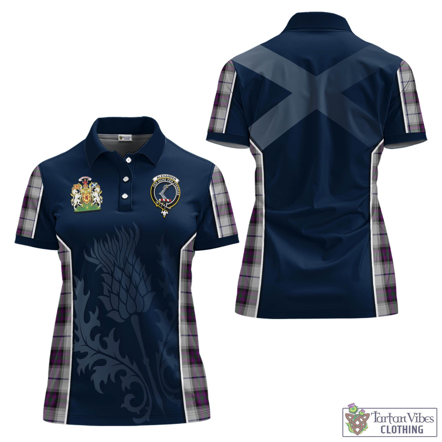 Tartan Vibes Clothing Alexander of Menstry Dress Tartan Women's Polo Shirt with Family Crest and Scottish Thistle Vibes Sport Style