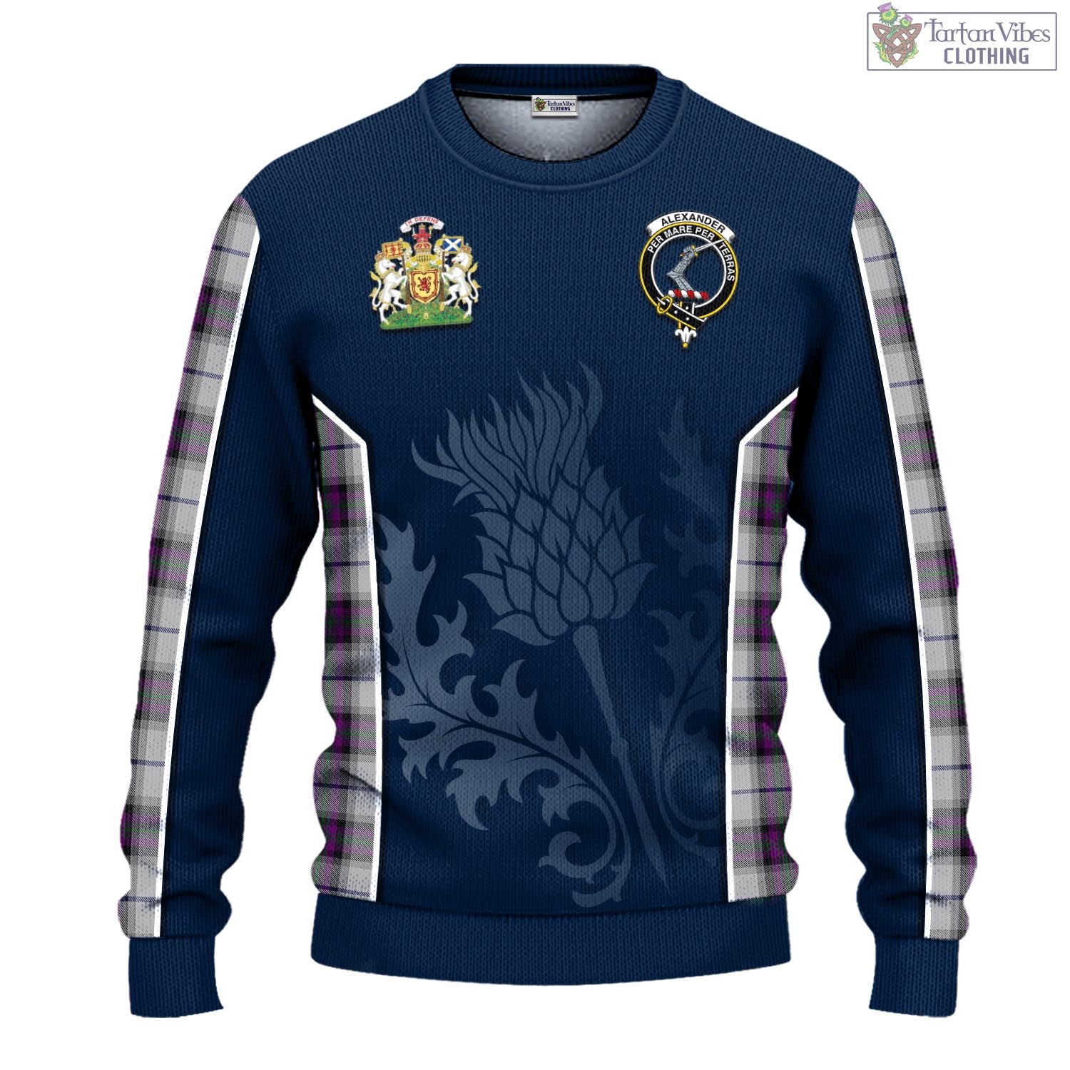 Tartan Vibes Clothing Alexander of Menstry Dress Tartan Knitted Sweatshirt with Family Crest and Scottish Thistle Vibes Sport Style