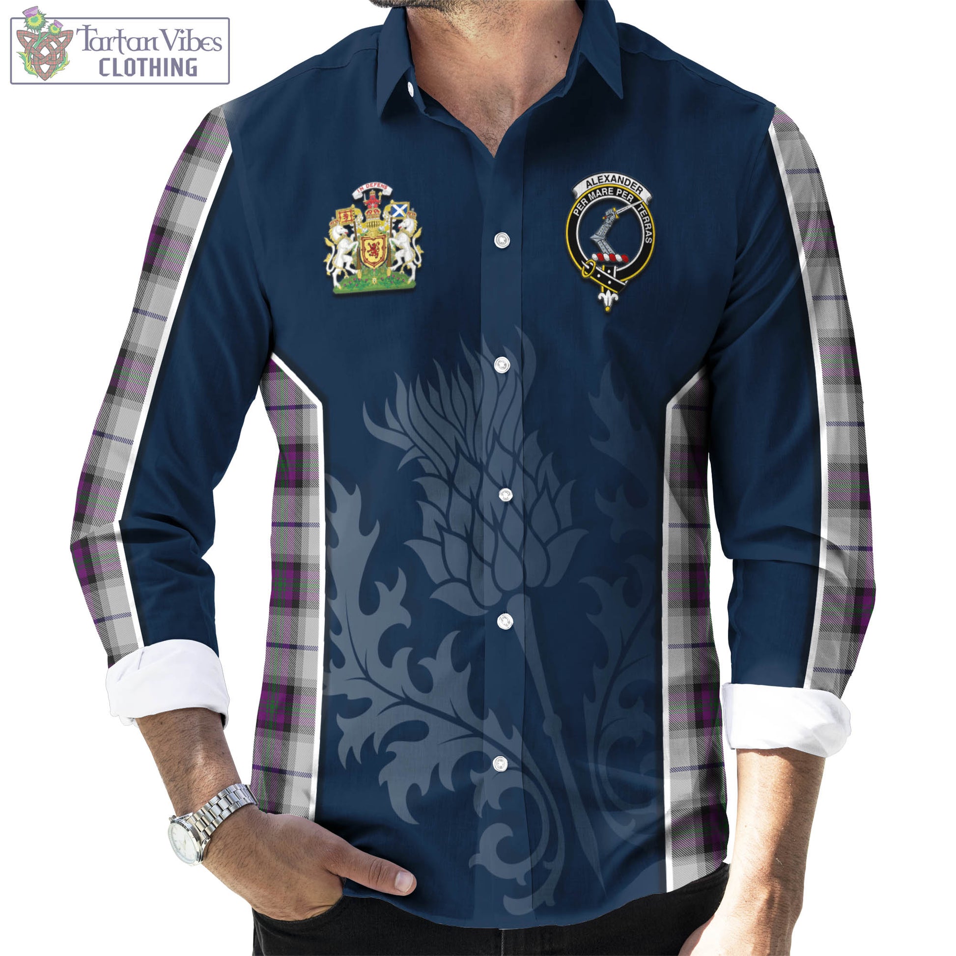 Tartan Vibes Clothing Alexander of Menstry Dress Tartan Long Sleeve Button Up Shirt with Family Crest and Scottish Thistle Vibes Sport Style