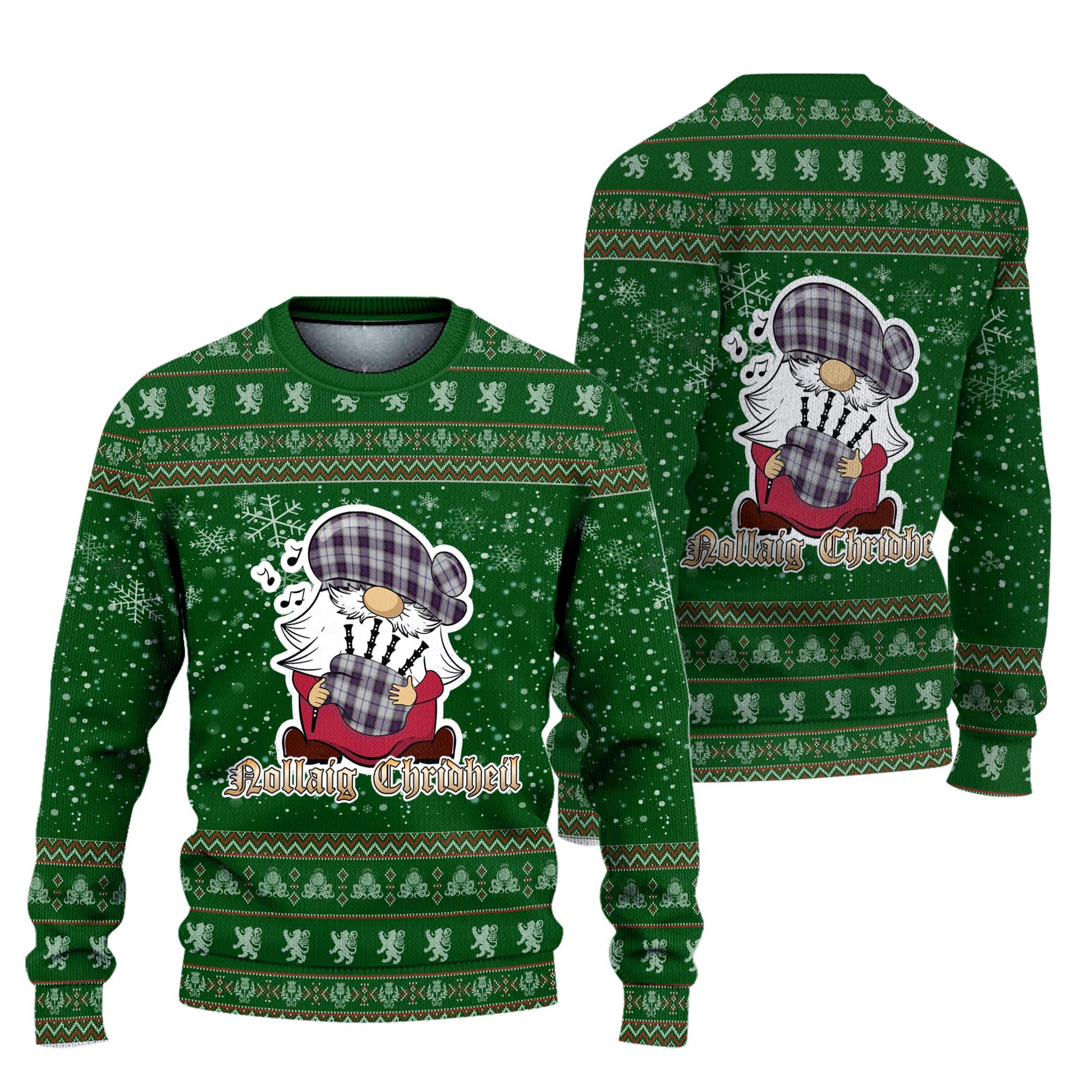 Alexander of Menstry Dress Clan Christmas Family Knitted Sweater with Funny Gnome Playing Bagpipes Unisex Green - Tartanvibesclothing