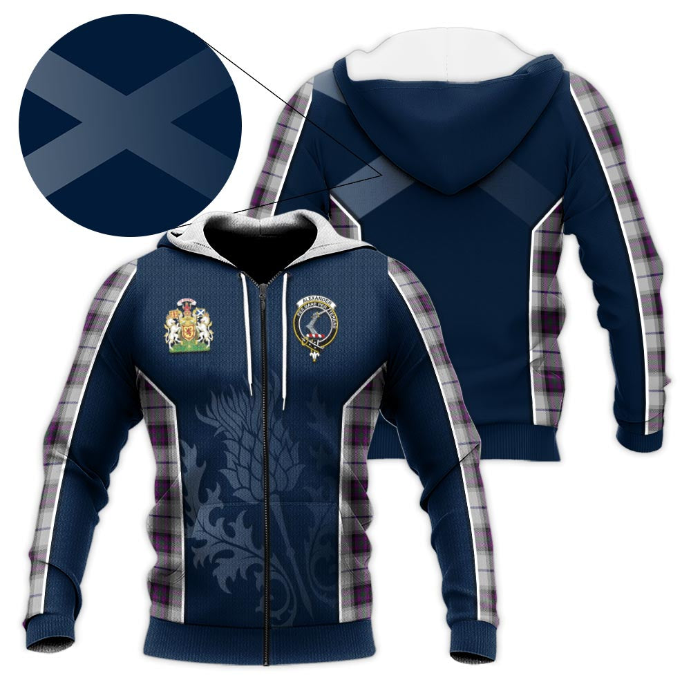 Tartan Vibes Clothing Alexander of Menstry Dress Tartan Knitted Hoodie with Family Crest and Scottish Thistle Vibes Sport Style