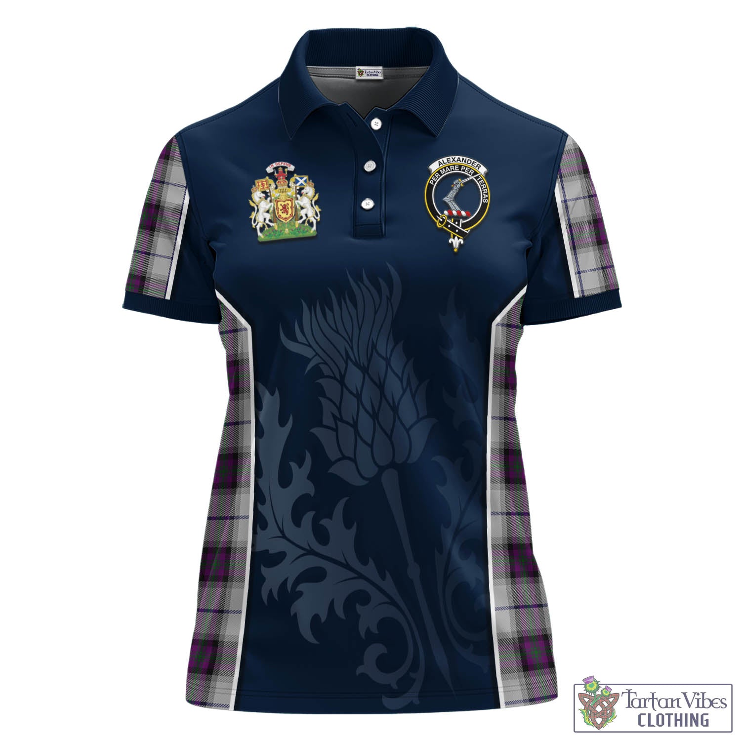 Tartan Vibes Clothing Alexander of Menstry Dress Tartan Women's Polo Shirt with Family Crest and Scottish Thistle Vibes Sport Style