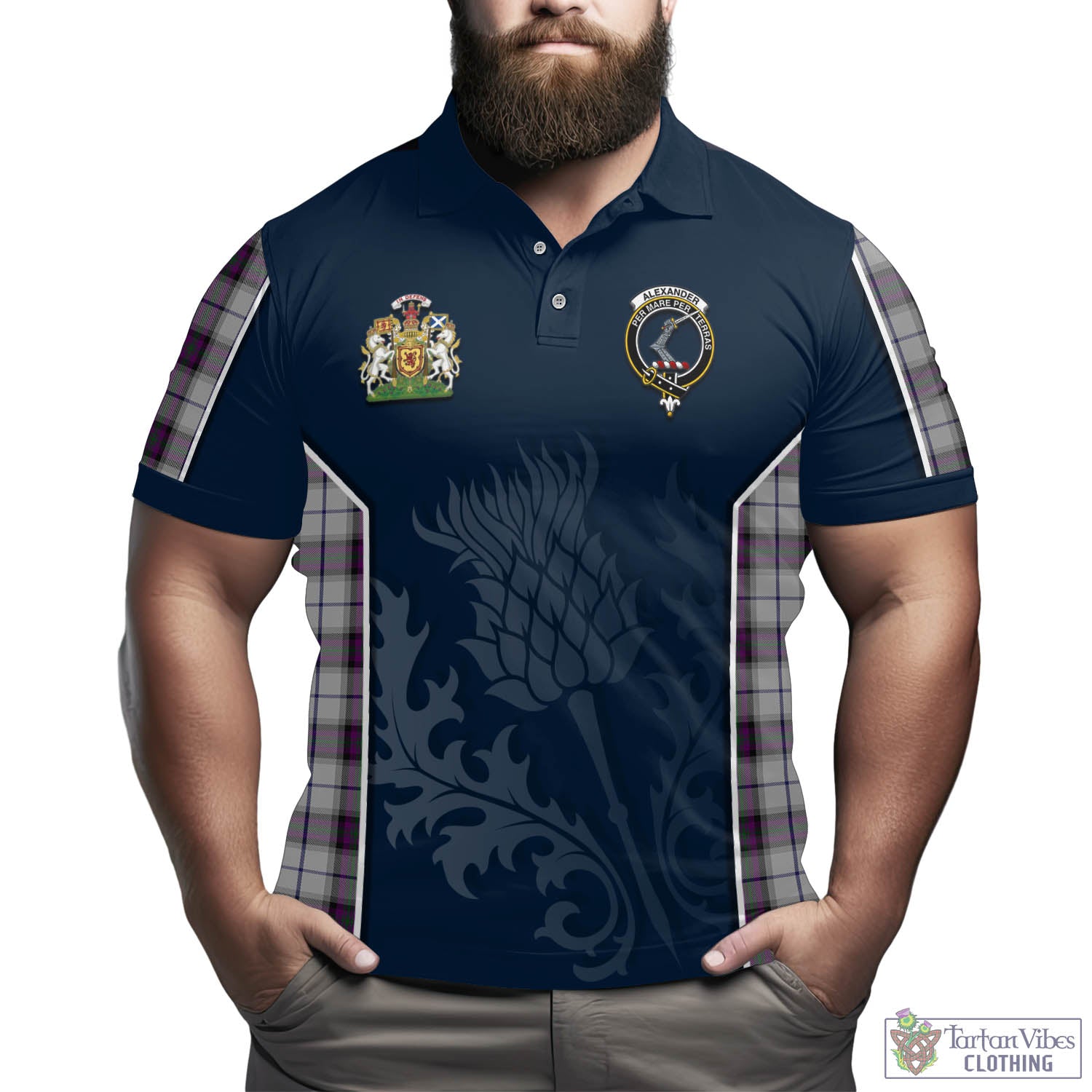 Tartan Vibes Clothing Alexander of Menstry Dress Tartan Men's Polo Shirt with Family Crest and Scottish Thistle Vibes Sport Style