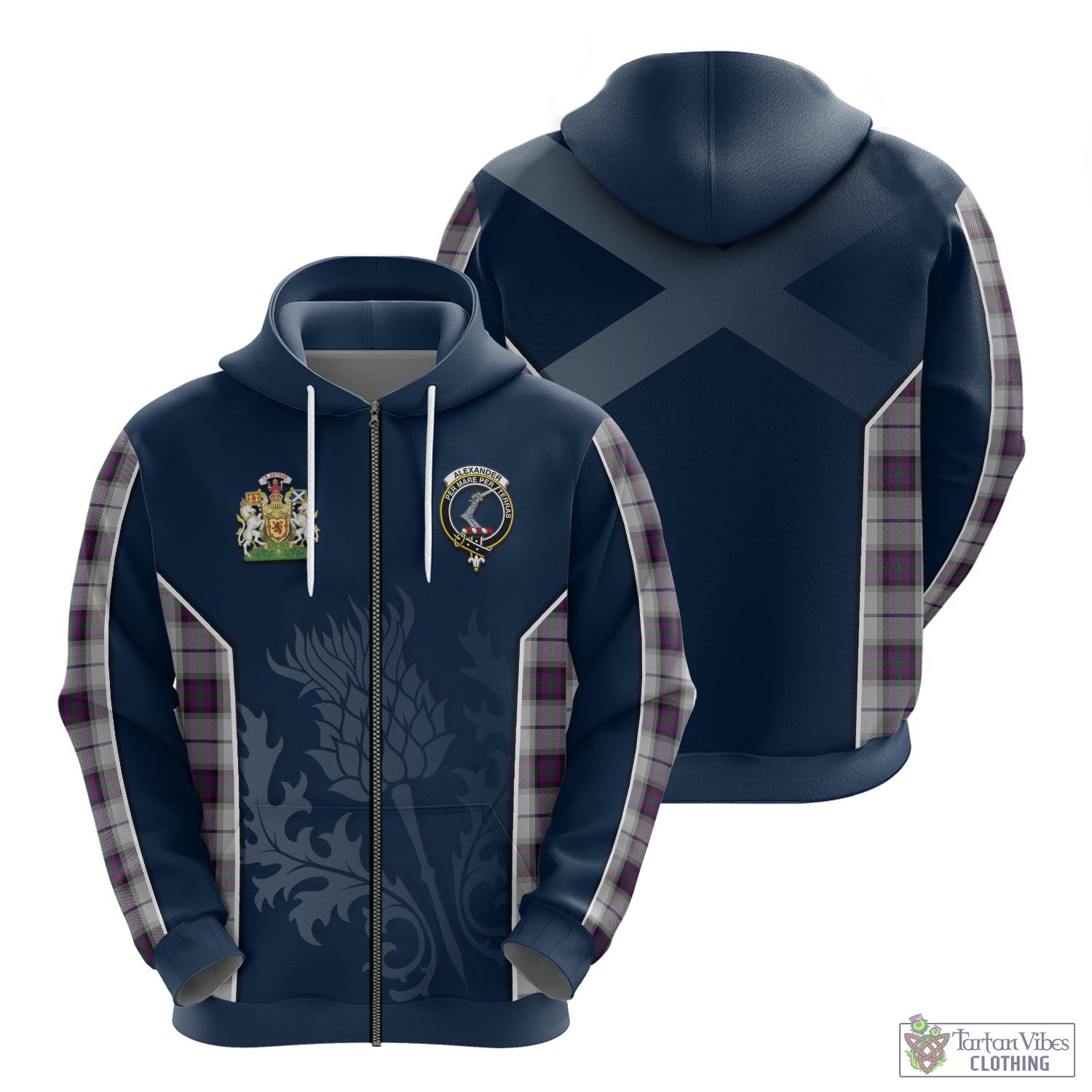 Tartan Vibes Clothing Alexander of Menstry Dress Tartan Hoodie with Family Crest and Scottish Thistle Vibes Sport Style
