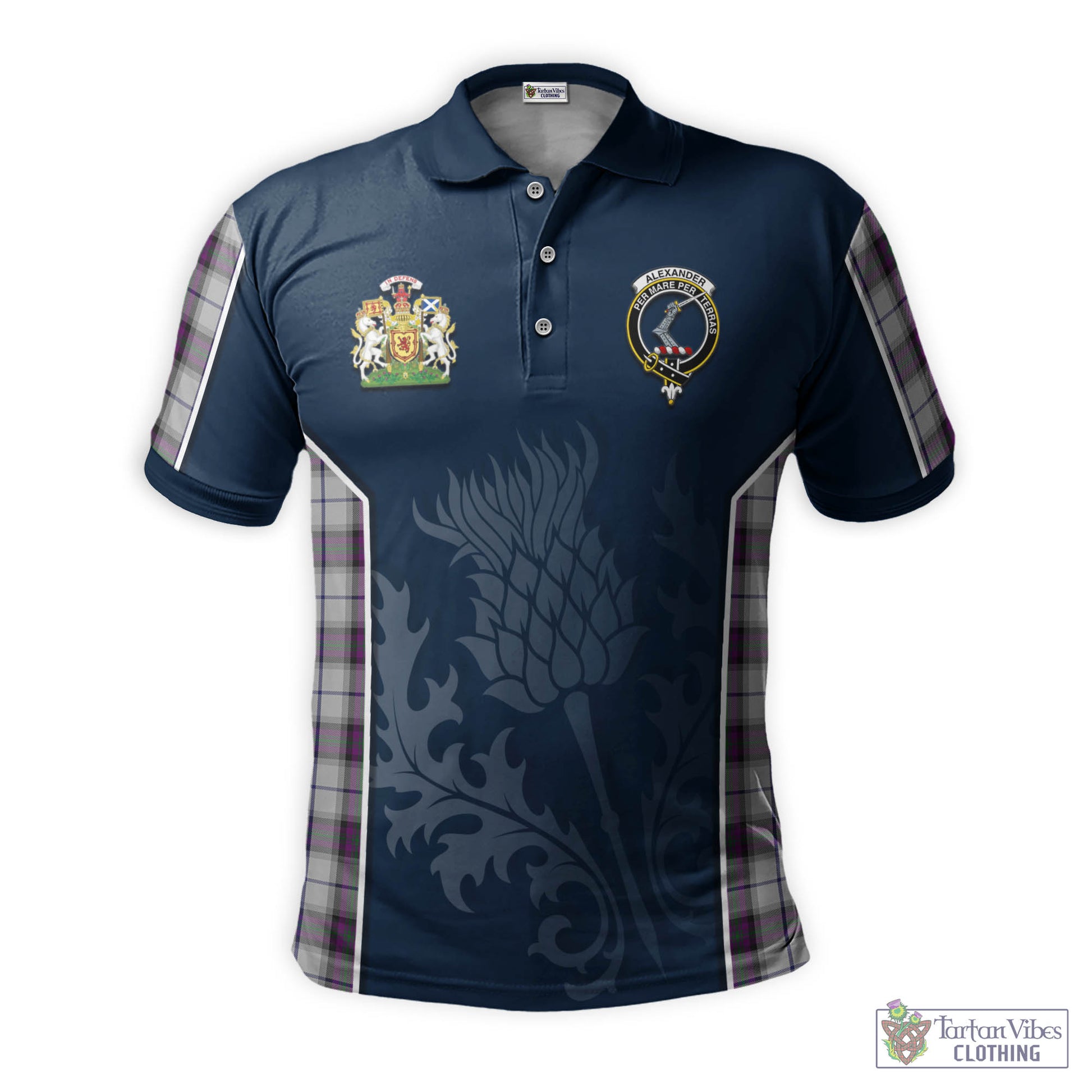 Tartan Vibes Clothing Alexander of Menstry Dress Tartan Men's Polo Shirt with Family Crest and Scottish Thistle Vibes Sport Style