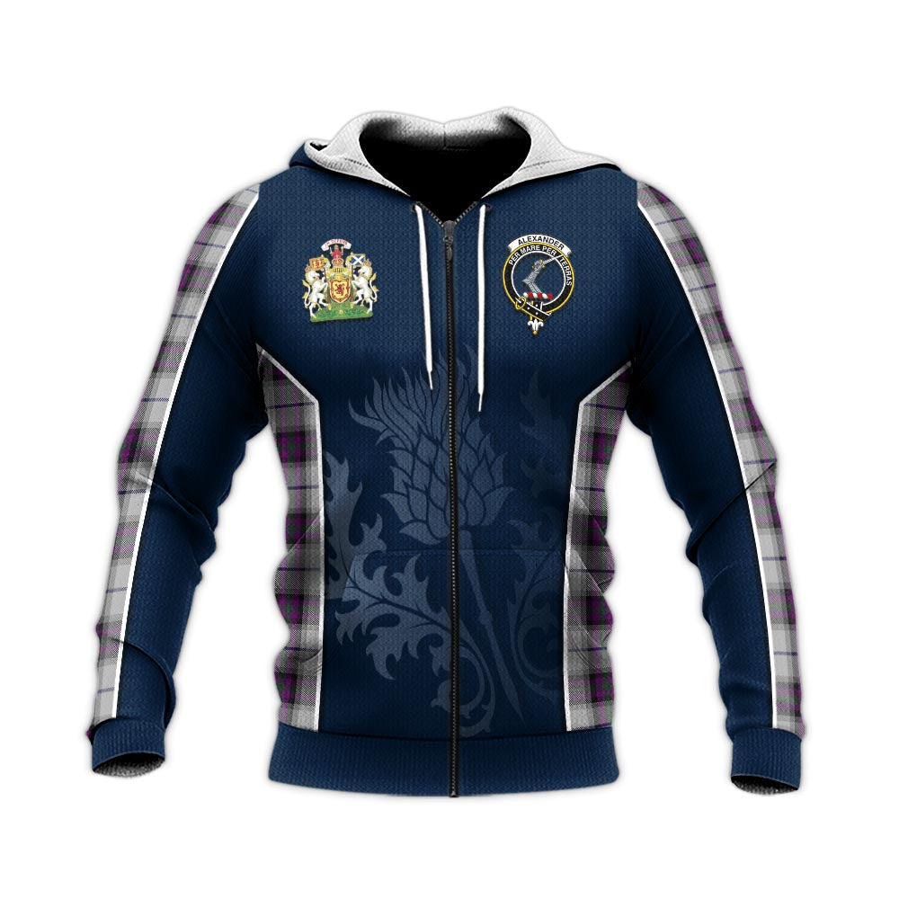 Tartan Vibes Clothing Alexander of Menstry Dress Tartan Knitted Hoodie with Family Crest and Scottish Thistle Vibes Sport Style