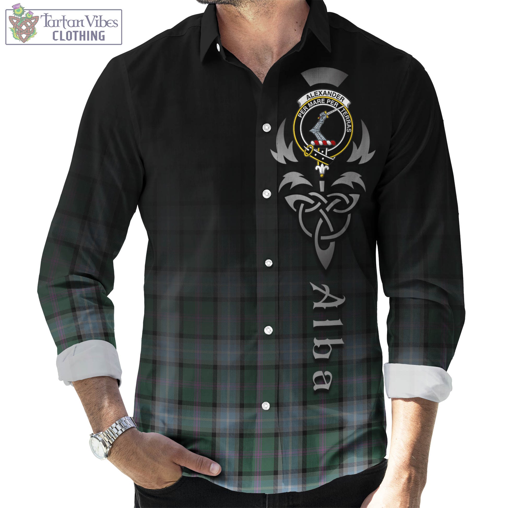 Tartan Vibes Clothing Alexander of Menstry Hunting Tartan Long Sleeve Button Up Featuring Alba Gu Brath Family Crest Celtic Inspired