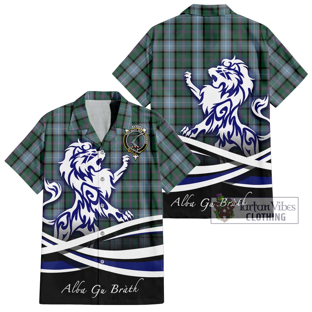 Tartan Vibes Clothing Alexander of Menstry Hunting Tartan Short Sleeve Button Shirt with Alba Gu Brath Regal Lion Emblem