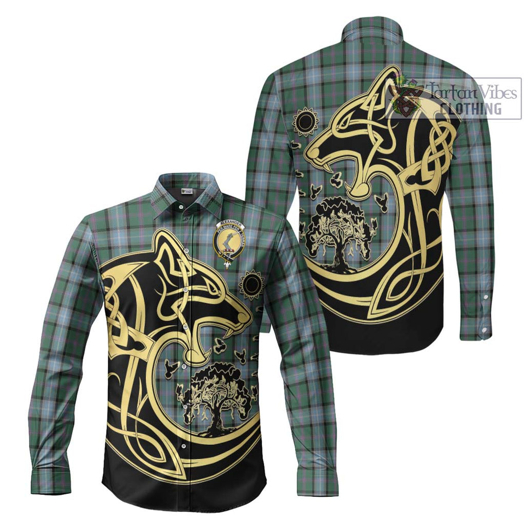 Alexander of Menstry Hunting Tartan Long Sleeve Button Shirt with Family Crest Celtic Wolf Style Men's Shirt S - Tartan Vibes Clothing