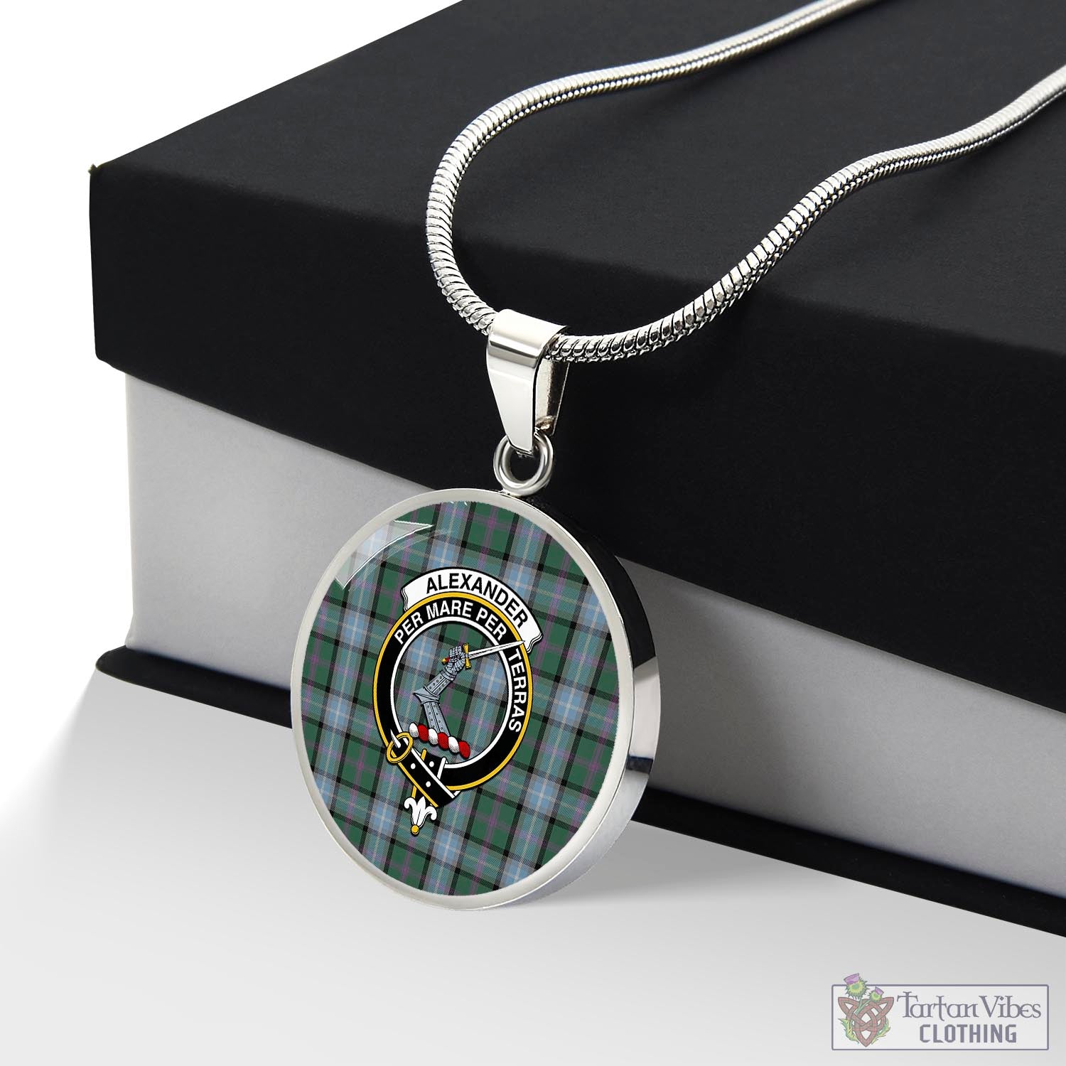 Tartan Vibes Clothing Alexander of Menstry Hunting Tartan Circle Necklace with Family Crest