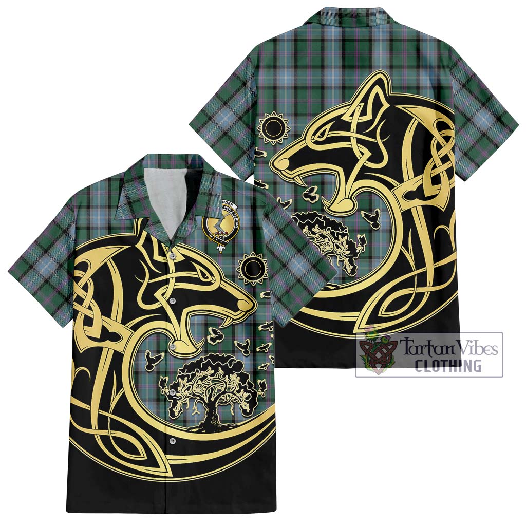 Tartan Vibes Clothing Alexander of Menstry Hunting Tartan Short Sleeve Button Shirt with Family Crest Celtic Wolf Style