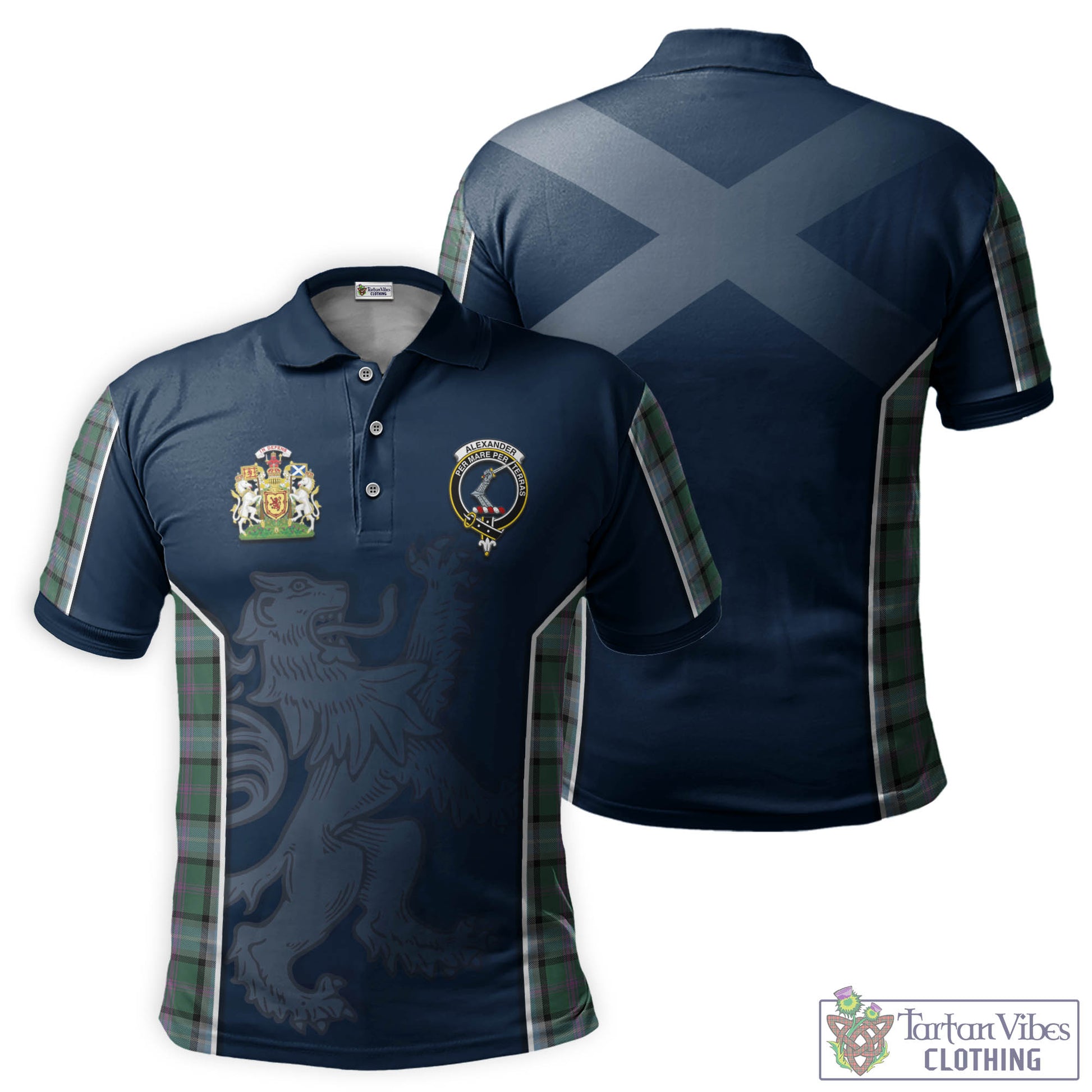 Tartan Vibes Clothing Alexander of Menstry Hunting Tartan Men's Polo Shirt with Family Crest and Lion Rampant Vibes Sport Style