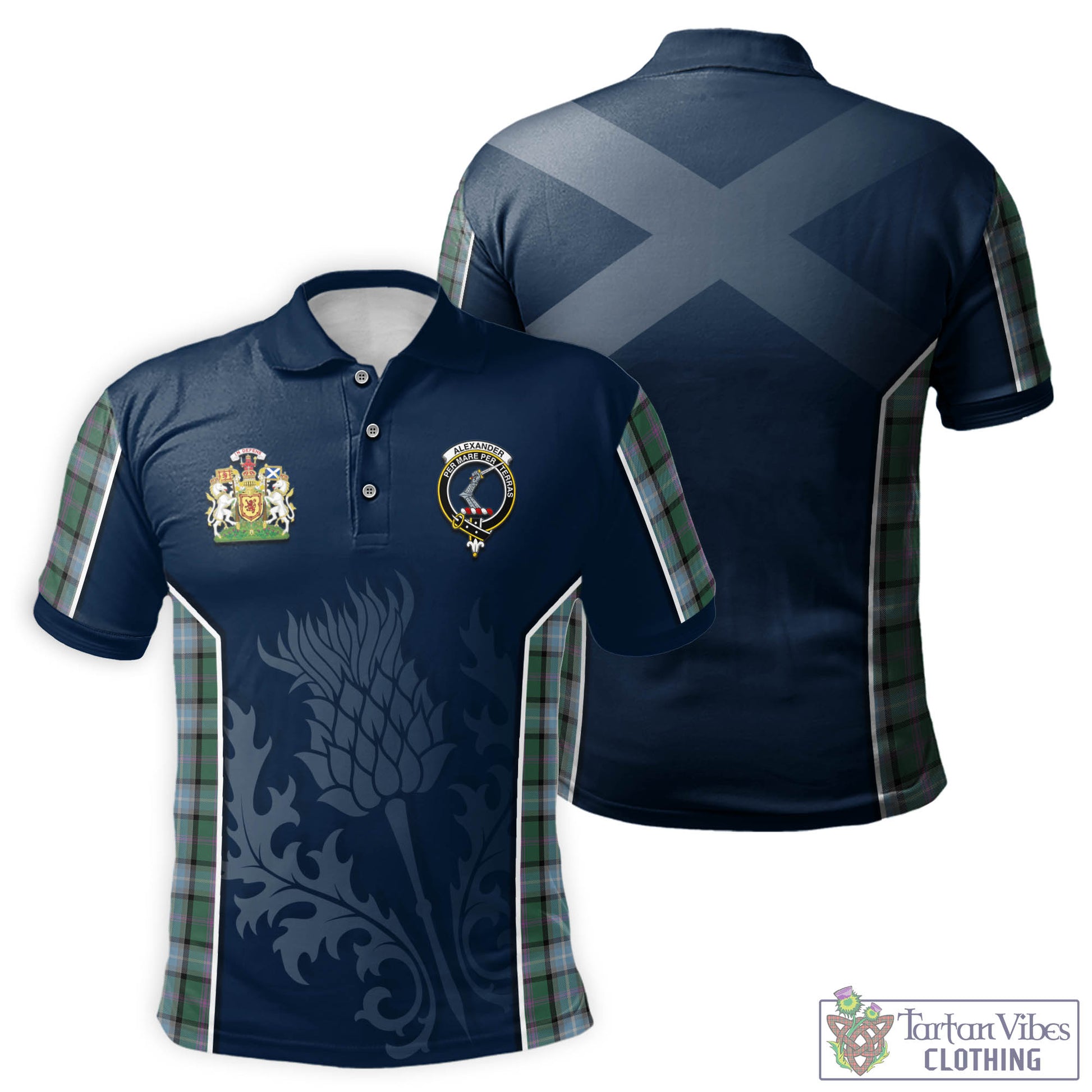 Tartan Vibes Clothing Alexander of Menstry Hunting Tartan Men's Polo Shirt with Family Crest and Scottish Thistle Vibes Sport Style