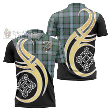 Alexander of Menstry Hunting Tartan Zipper Polo Shirt with Family Crest and Celtic Symbol Style