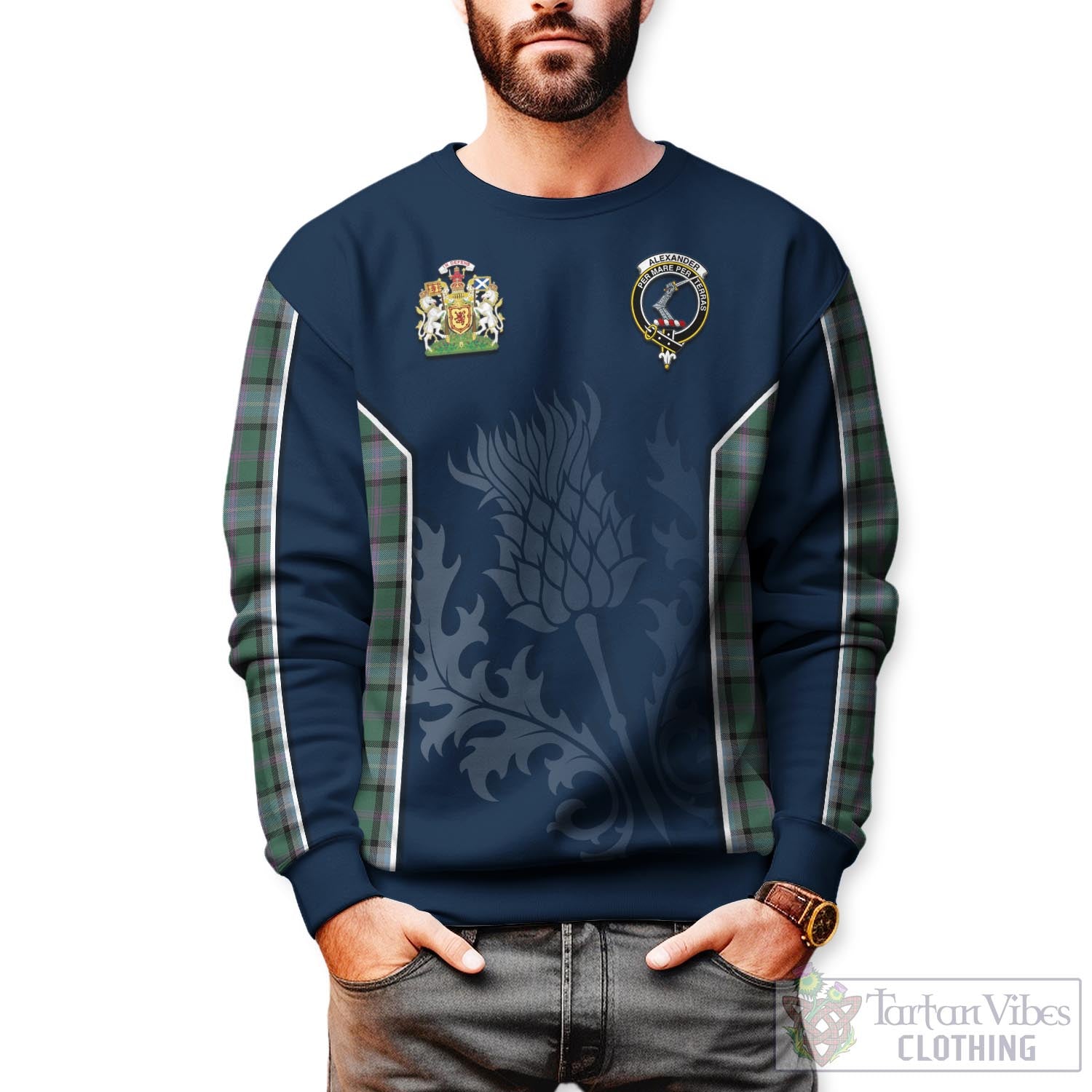 Tartan Vibes Clothing Alexander of Menstry Hunting Tartan Sweatshirt with Family Crest and Scottish Thistle Vibes Sport Style