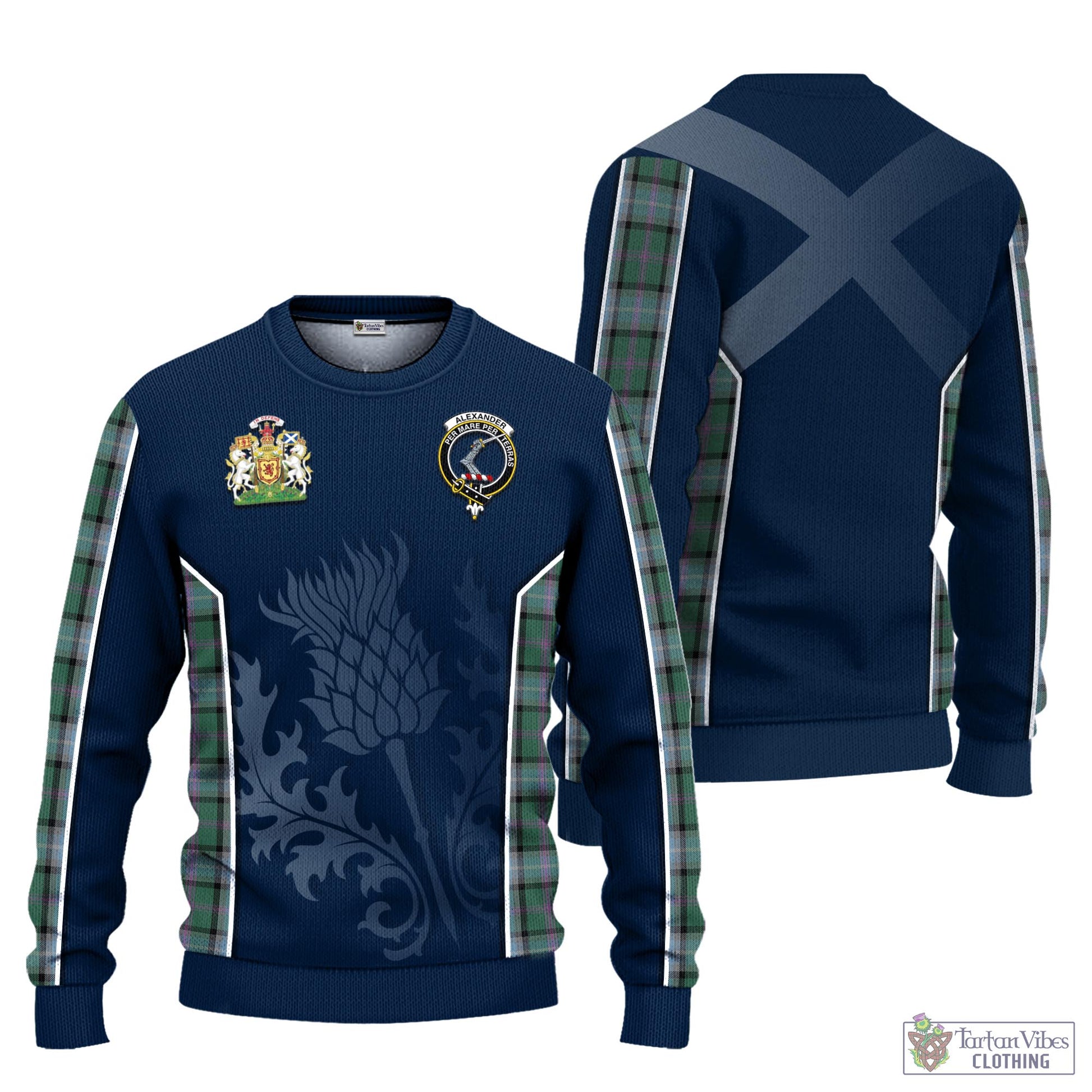 Tartan Vibes Clothing Alexander of Menstry Hunting Tartan Knitted Sweatshirt with Family Crest and Scottish Thistle Vibes Sport Style