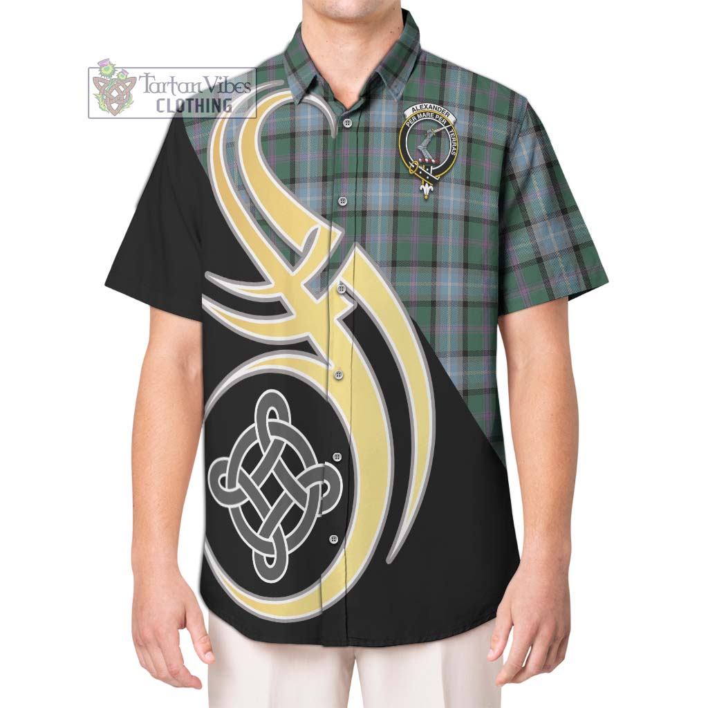 Tartan Vibes Clothing Alexander of Menstry Hunting Tartan Short Sleeve Button Shirt with Family Crest and Celtic Symbol Style