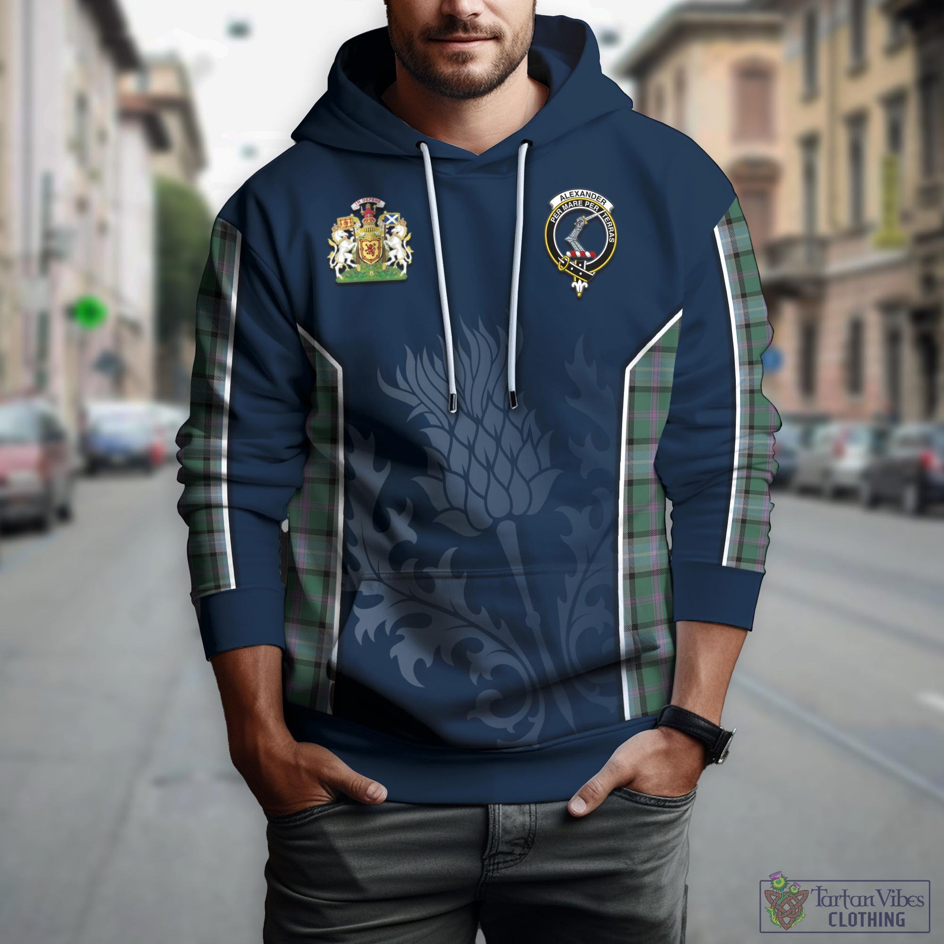 Tartan Vibes Clothing Alexander of Menstry Hunting Tartan Hoodie with Family Crest and Scottish Thistle Vibes Sport Style
