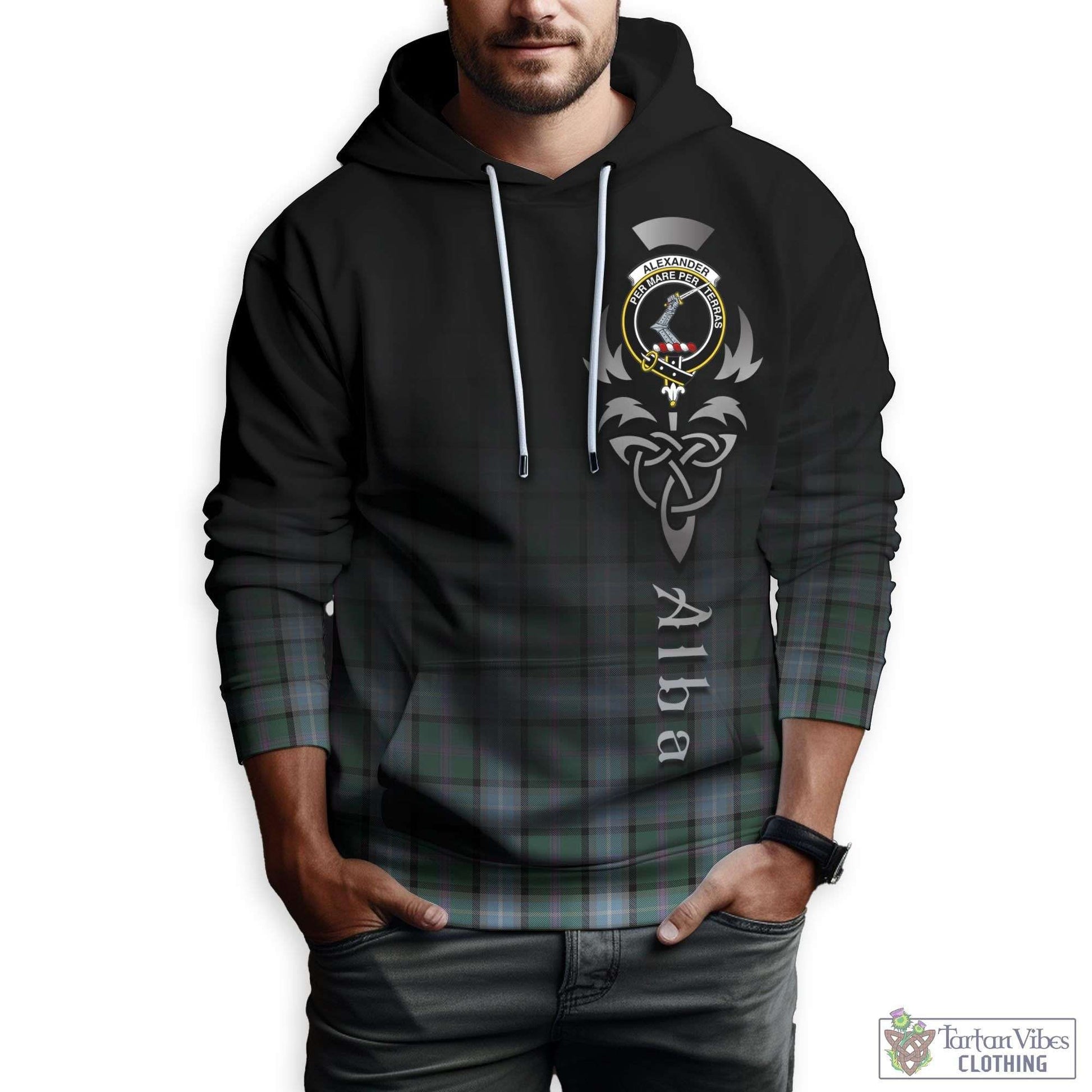 Tartan Vibes Clothing Alexander of Menstry Hunting Tartan Hoodie Featuring Alba Gu Brath Family Crest Celtic Inspired