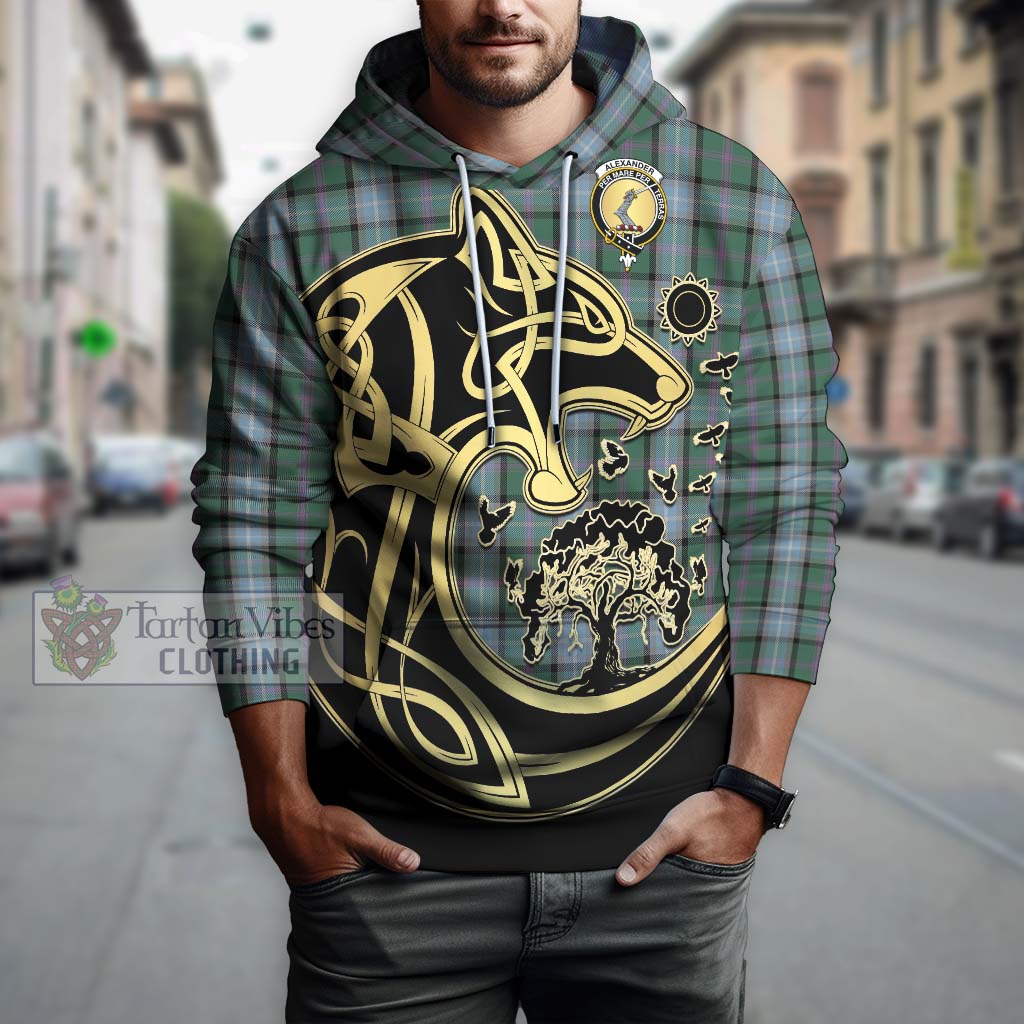 Tartan Vibes Clothing Alexander of Menstry Hunting Tartan Hoodie with Family Crest Celtic Wolf Style
