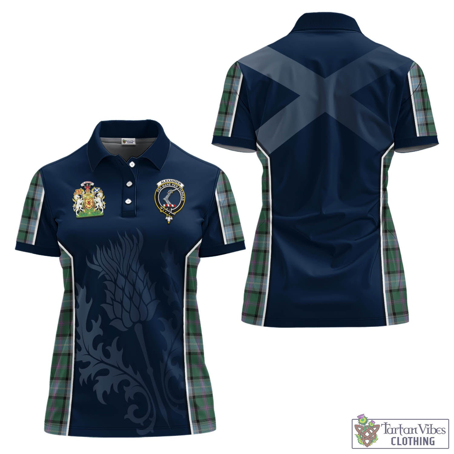 Tartan Vibes Clothing Alexander of Menstry Hunting Tartan Women's Polo Shirt with Family Crest and Scottish Thistle Vibes Sport Style