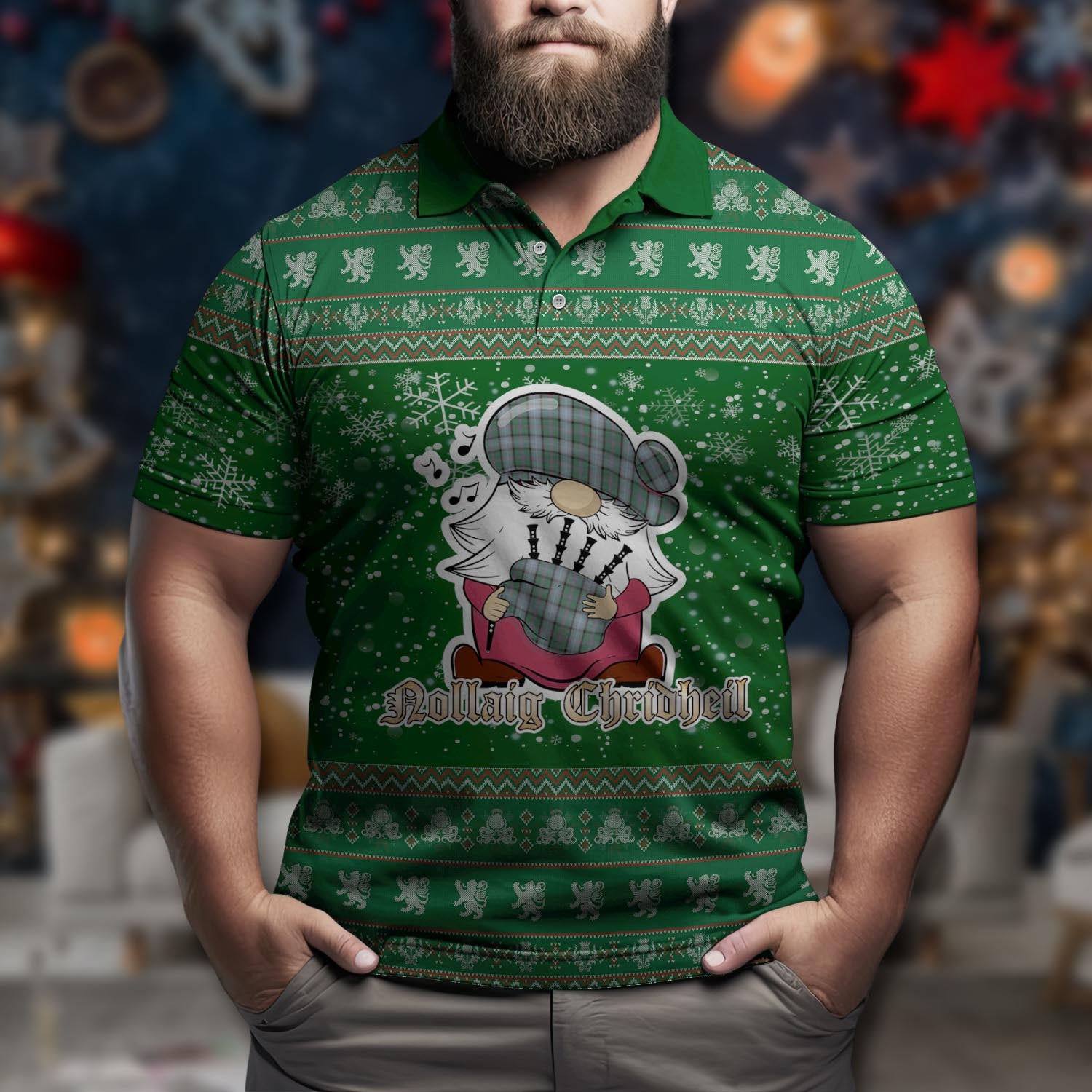 Alexander of Menstry Hunting Clan Christmas Family Polo Shirt with Funny Gnome Playing Bagpipes Men's Polo Shirt Green - Tartanvibesclothing