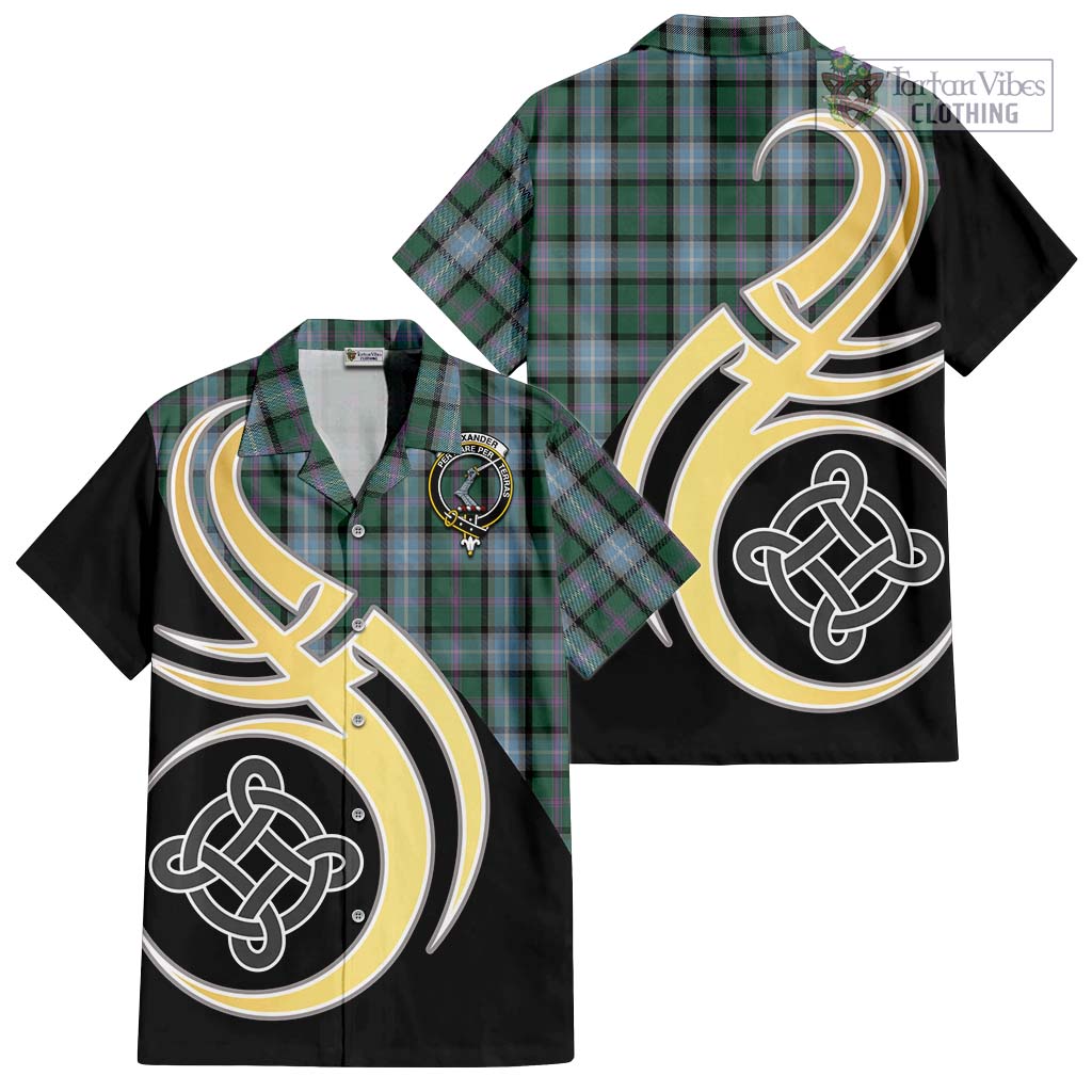 Tartan Vibes Clothing Alexander of Menstry Hunting Tartan Short Sleeve Button Shirt with Family Crest and Celtic Symbol Style