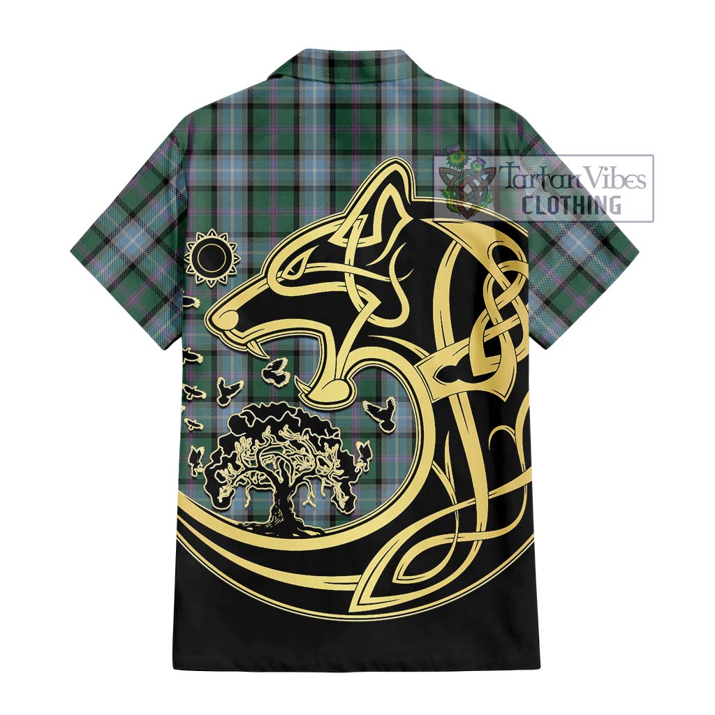 Tartan Vibes Clothing Alexander of Menstry Hunting Tartan Short Sleeve Button Shirt with Family Crest Celtic Wolf Style