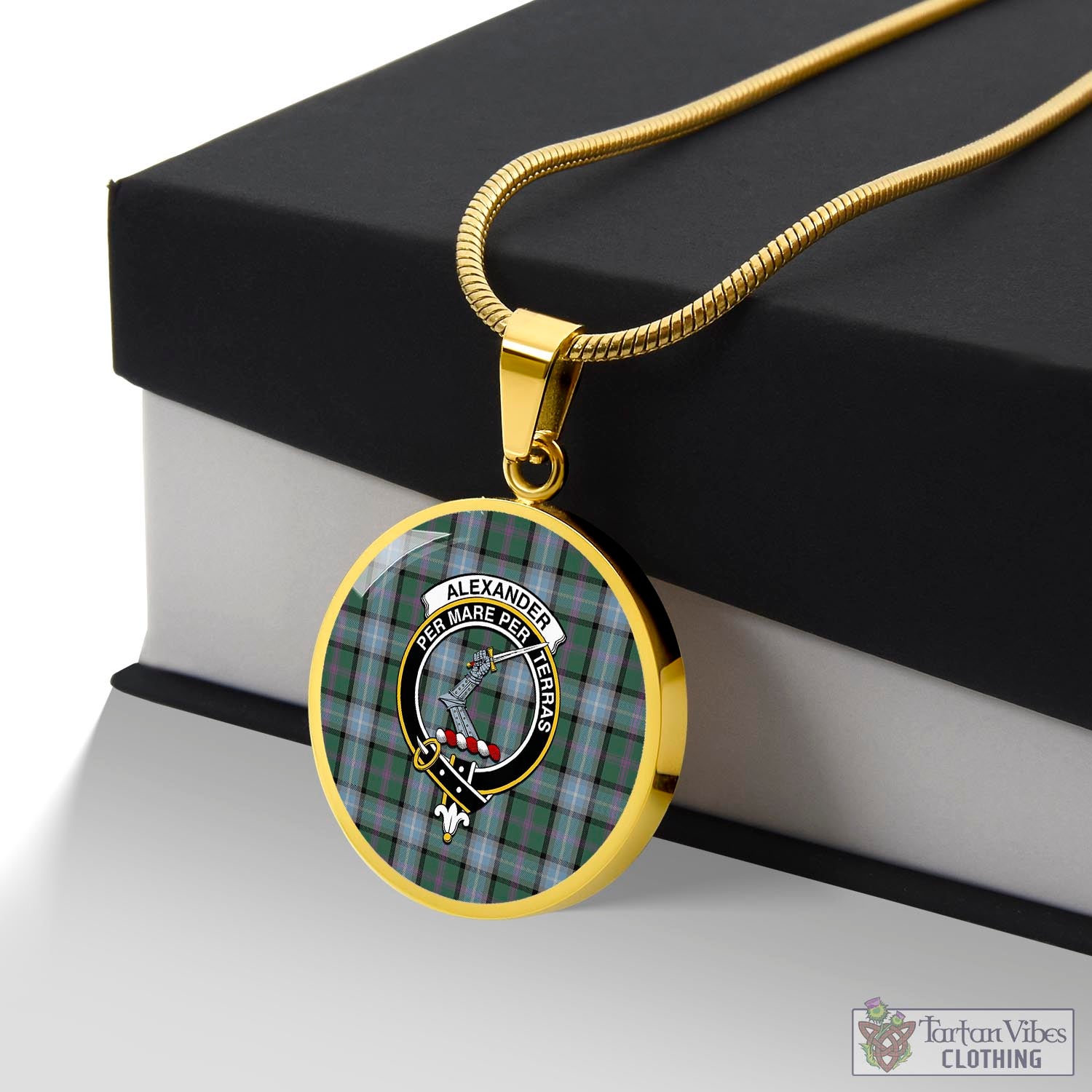 Tartan Vibes Clothing Alexander of Menstry Hunting Tartan Circle Necklace with Family Crest