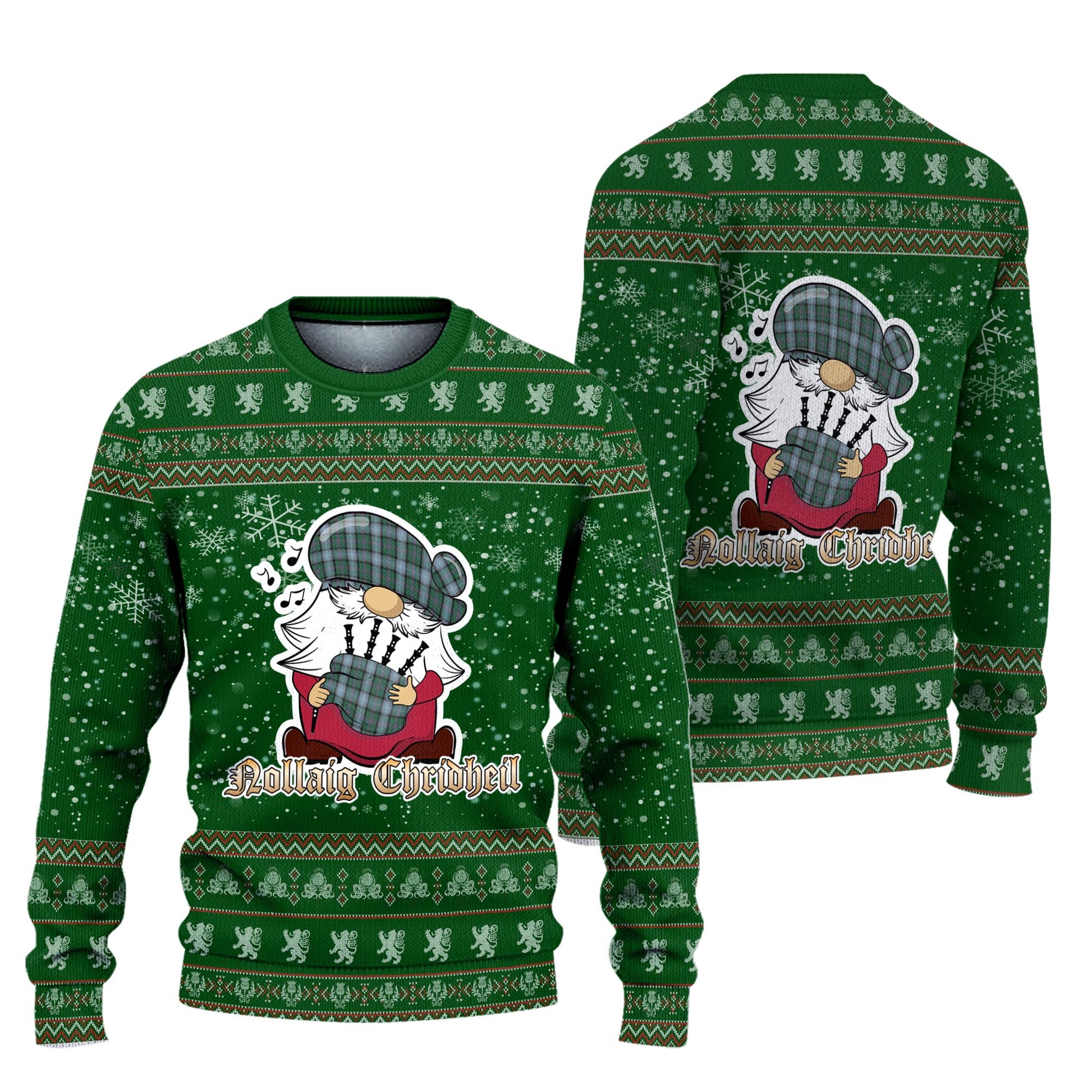 Alexander of Menstry Hunting Clan Christmas Family Knitted Sweater with Funny Gnome Playing Bagpipes Unisex Green - Tartanvibesclothing