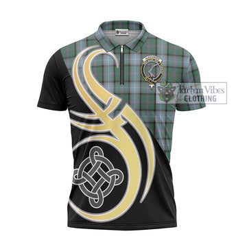 Alexander of Menstry Hunting Tartan Zipper Polo Shirt with Family Crest and Celtic Symbol Style