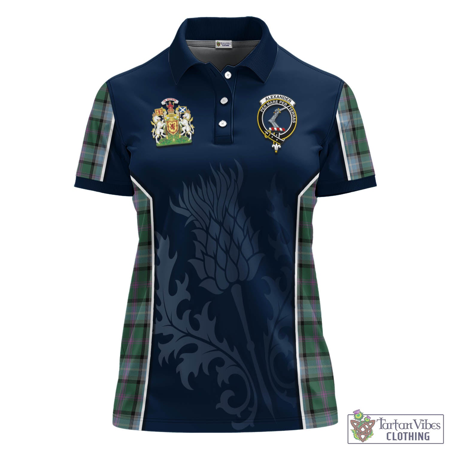 Tartan Vibes Clothing Alexander of Menstry Hunting Tartan Women's Polo Shirt with Family Crest and Scottish Thistle Vibes Sport Style