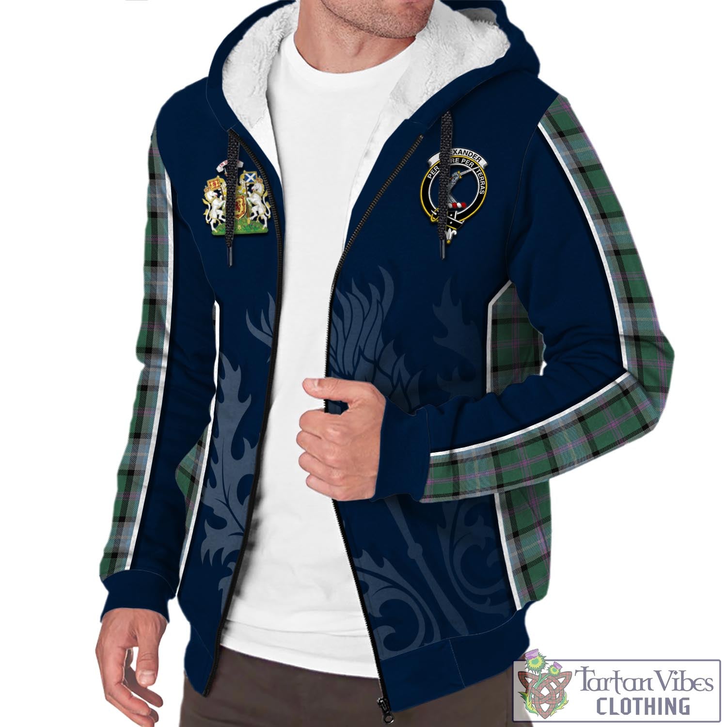 Tartan Vibes Clothing Alexander of Menstry Hunting Tartan Sherpa Hoodie with Family Crest and Scottish Thistle Vibes Sport Style