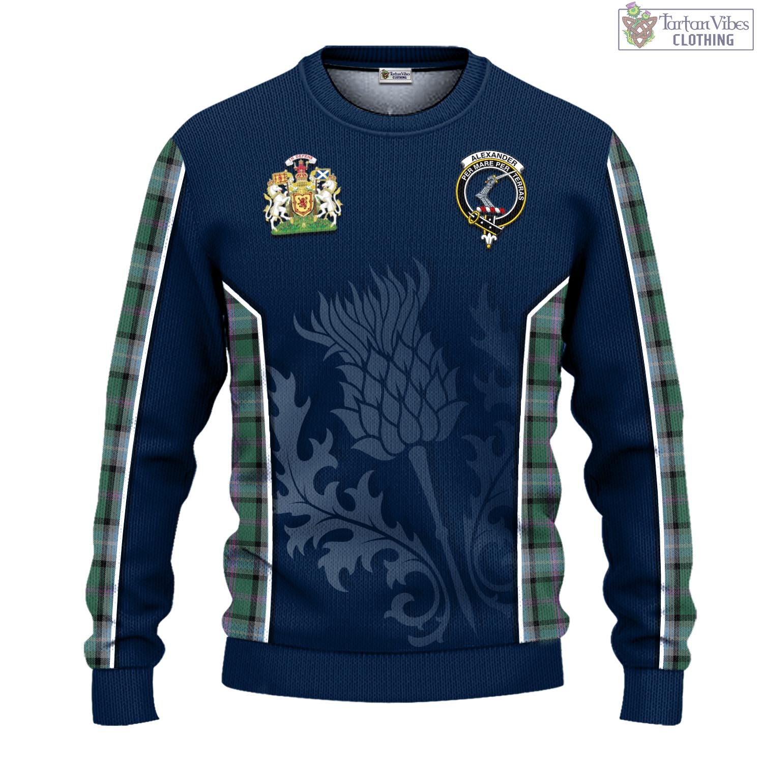 Tartan Vibes Clothing Alexander of Menstry Hunting Tartan Knitted Sweatshirt with Family Crest and Scottish Thistle Vibes Sport Style