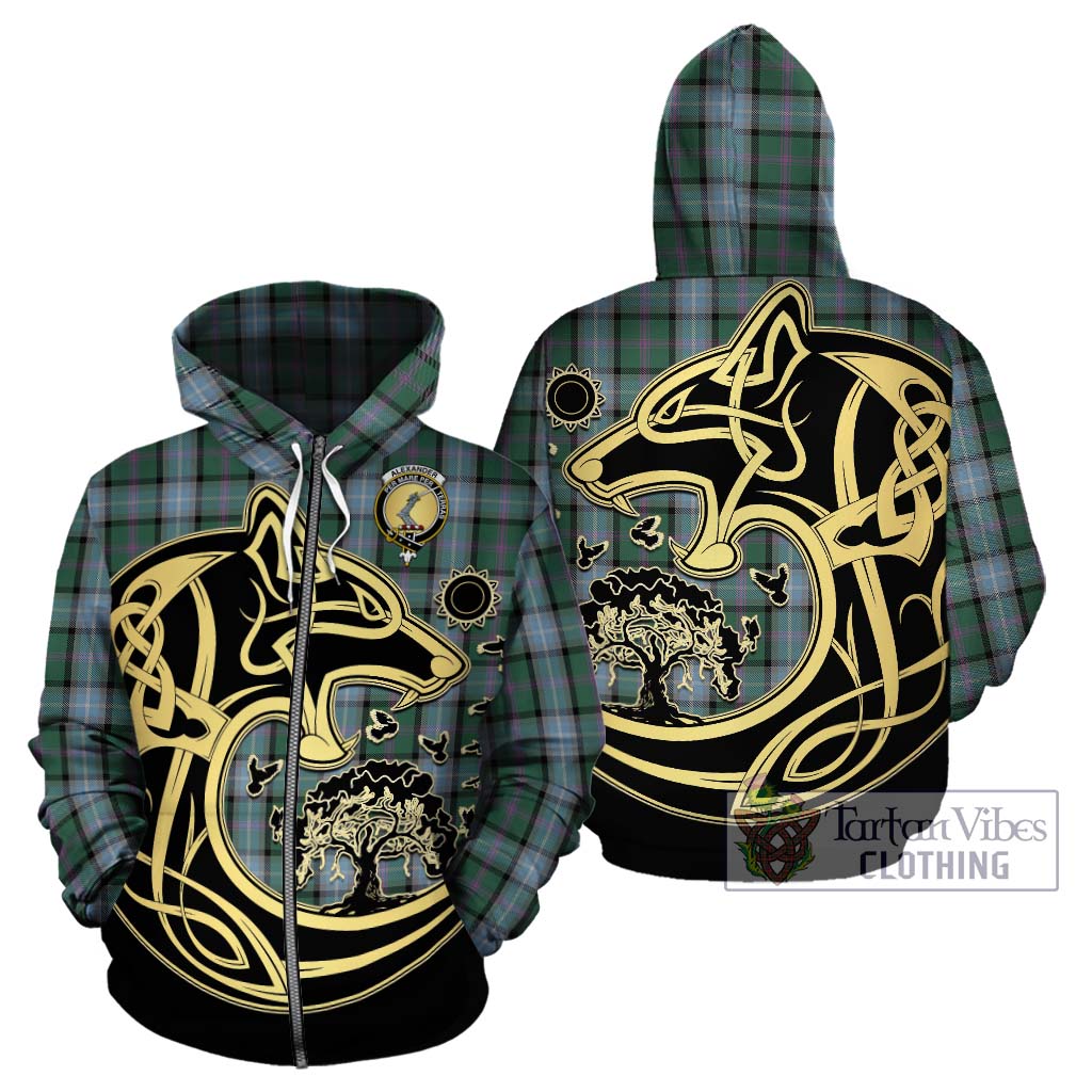 Tartan Vibes Clothing Alexander of Menstry Hunting Tartan Hoodie with Family Crest Celtic Wolf Style