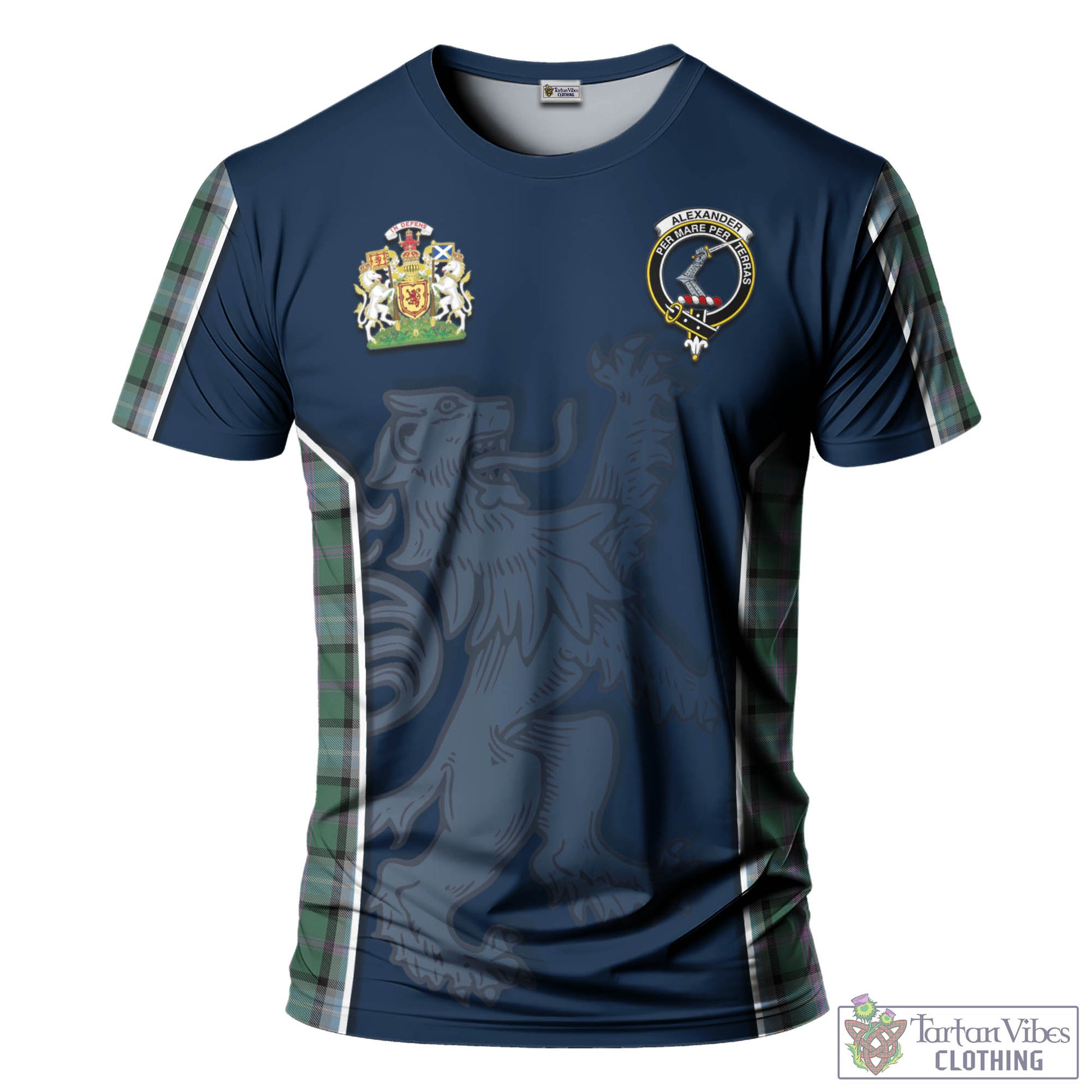 Tartan Vibes Clothing Alexander of Menstry Hunting Tartan T-Shirt with Family Crest and Lion Rampant Vibes Sport Style