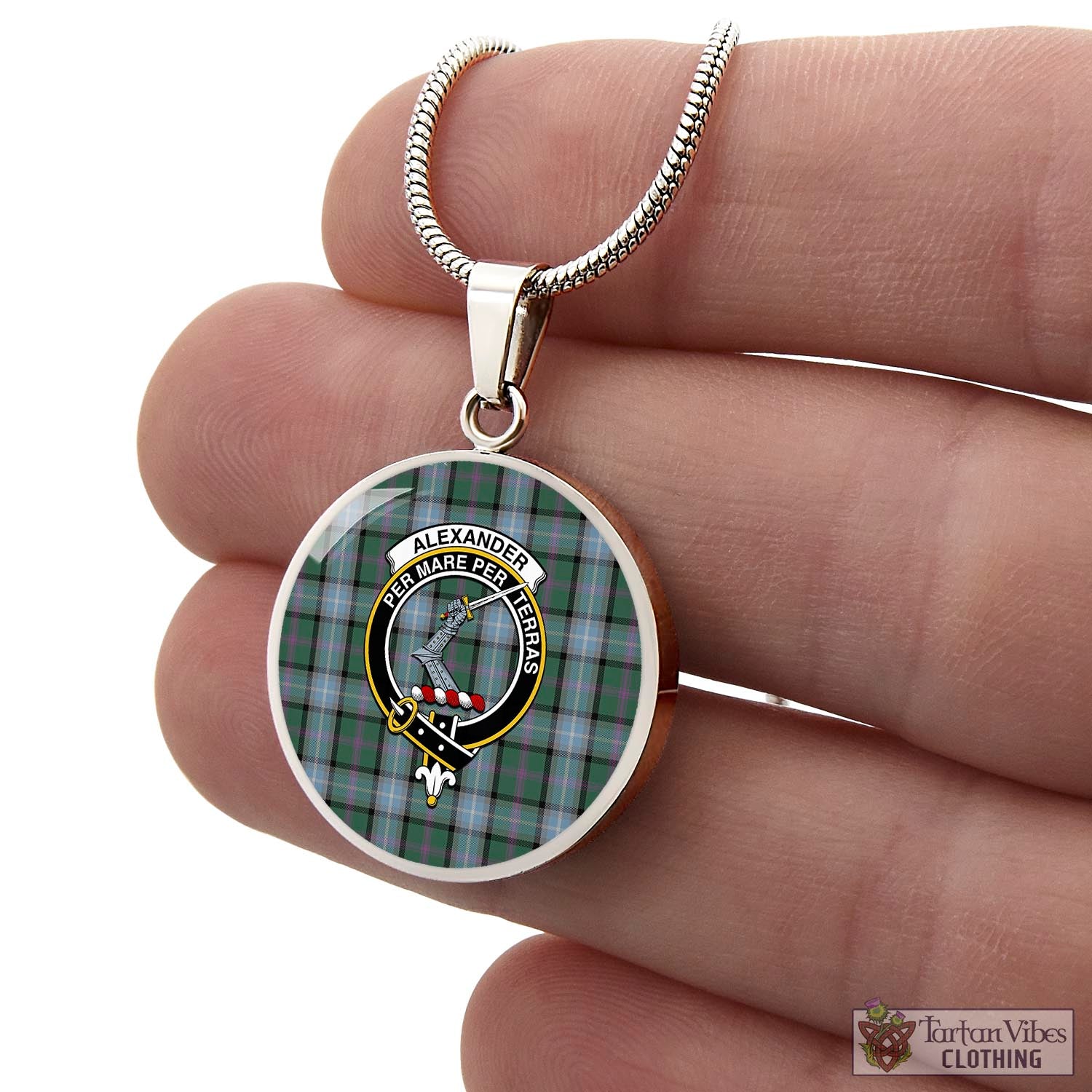 Tartan Vibes Clothing Alexander of Menstry Hunting Tartan Circle Necklace with Family Crest