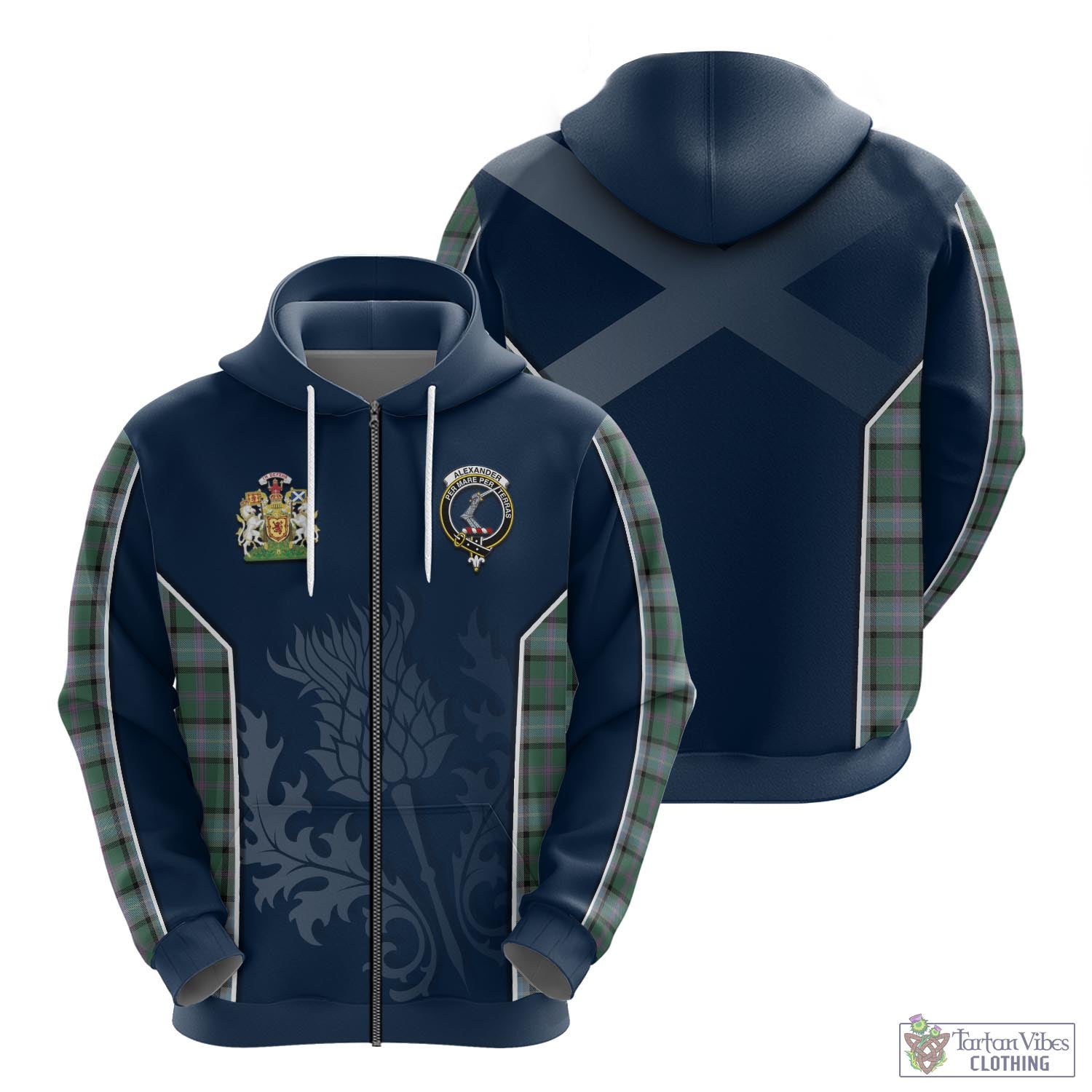 Tartan Vibes Clothing Alexander of Menstry Hunting Tartan Hoodie with Family Crest and Scottish Thistle Vibes Sport Style