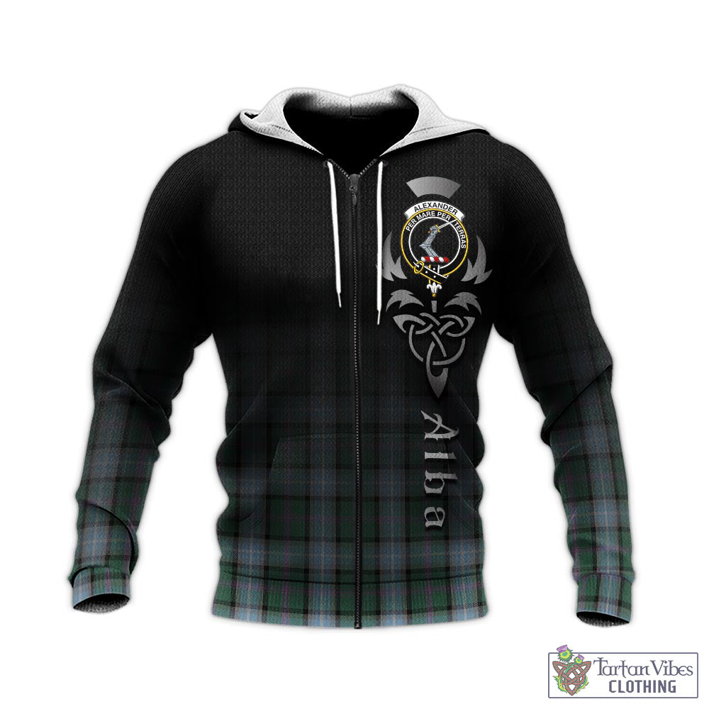 Tartan Vibes Clothing Alexander of Menstry Hunting Tartan Knitted Hoodie Featuring Alba Gu Brath Family Crest Celtic Inspired