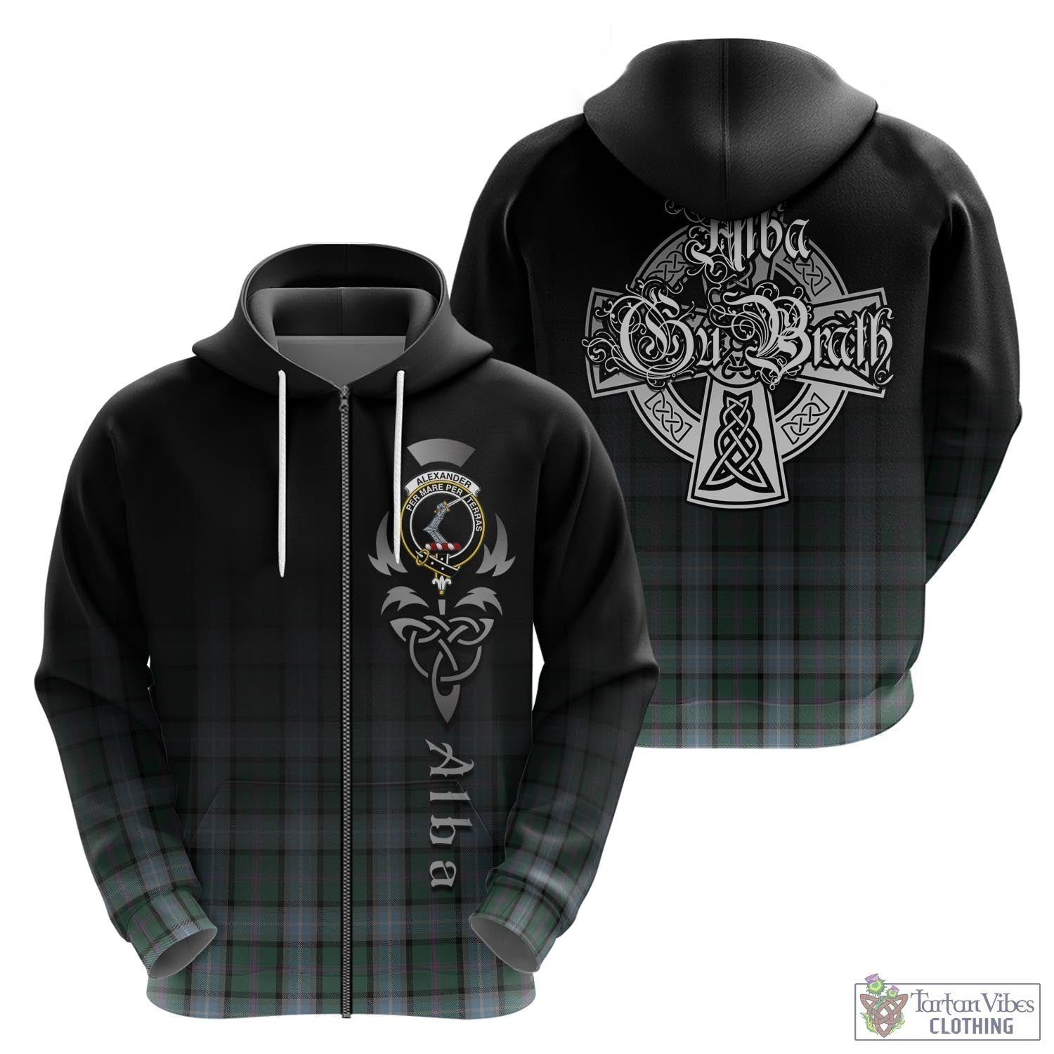 Tartan Vibes Clothing Alexander of Menstry Hunting Tartan Hoodie Featuring Alba Gu Brath Family Crest Celtic Inspired