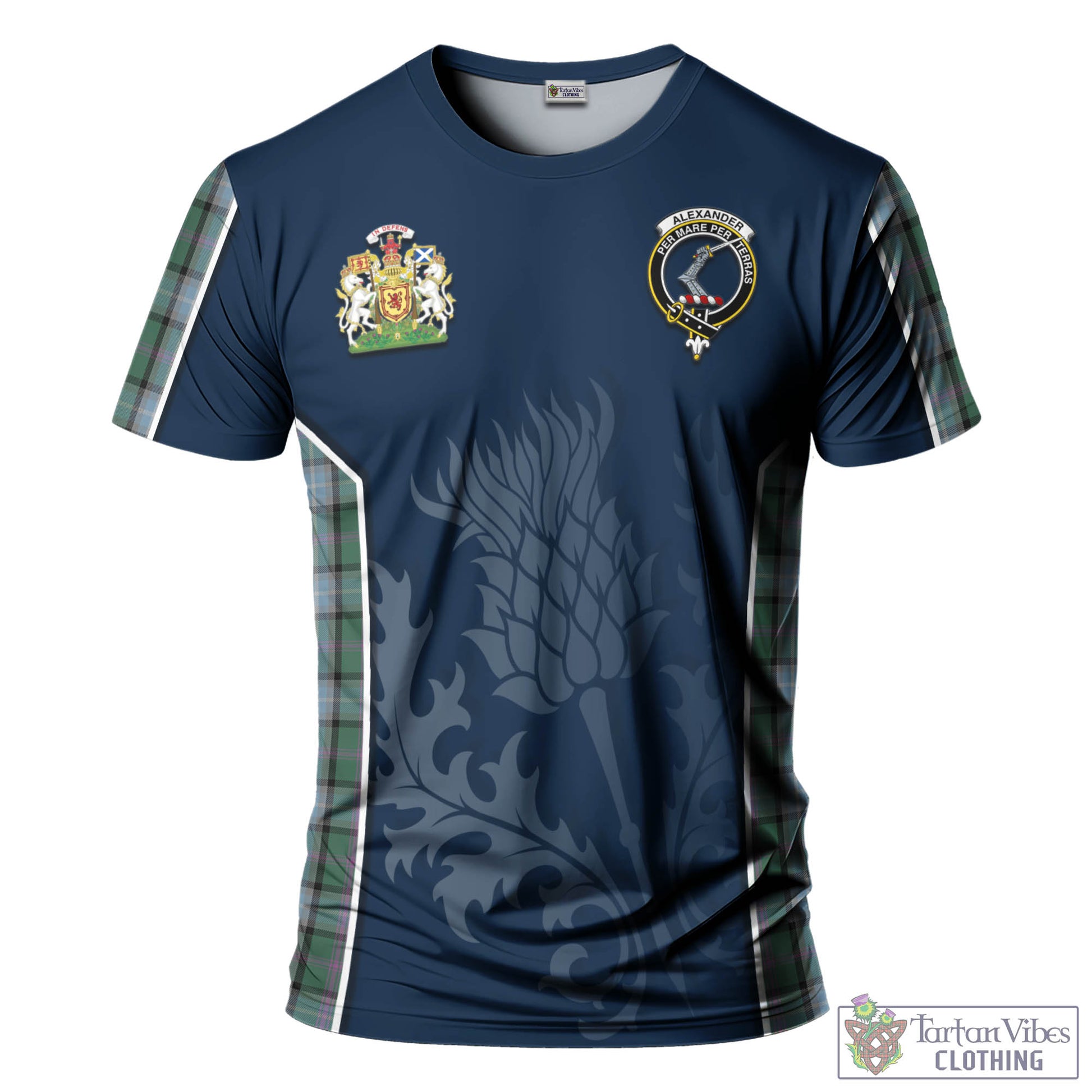 Tartan Vibes Clothing Alexander of Menstry Hunting Tartan T-Shirt with Family Crest and Scottish Thistle Vibes Sport Style